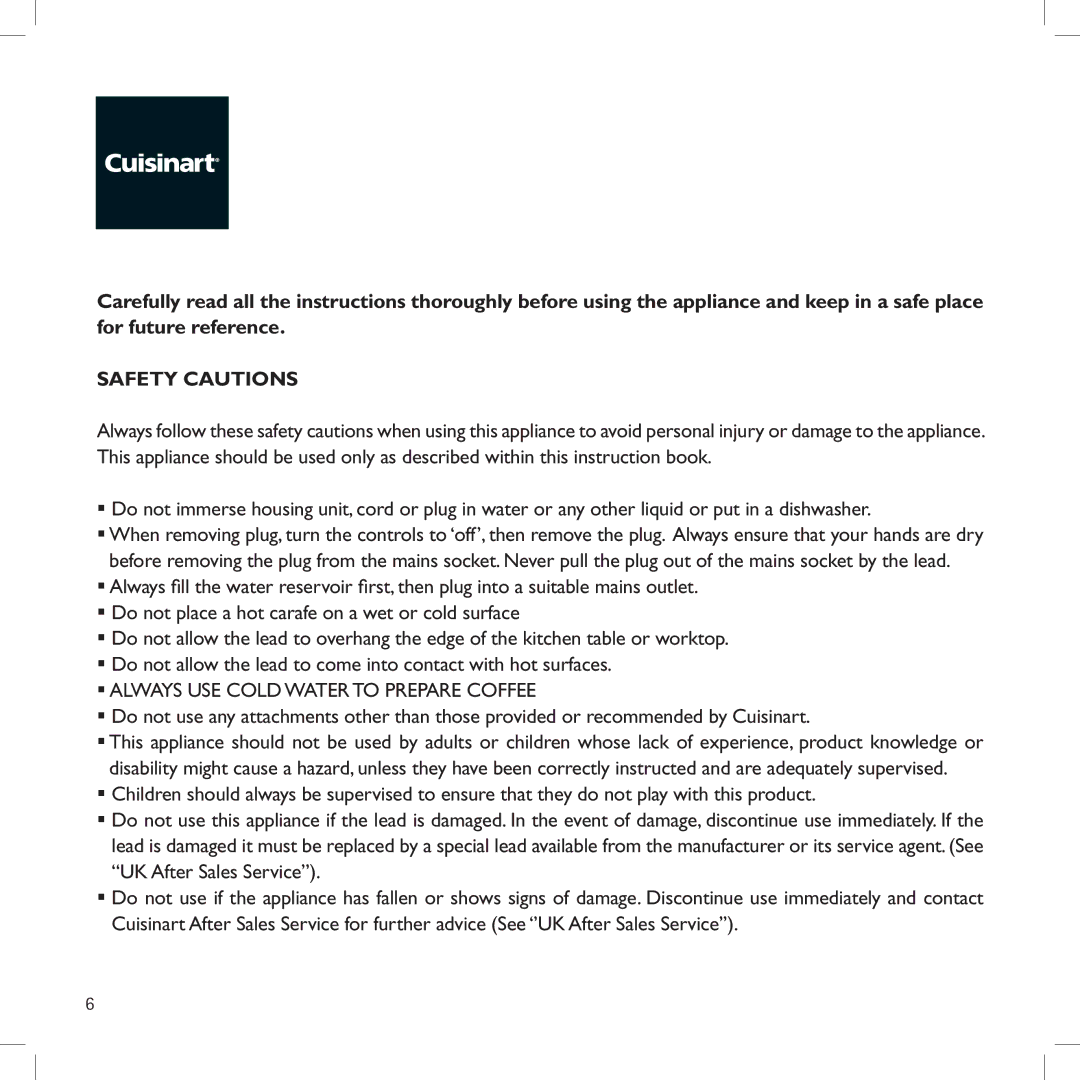 Cuisinart DCC2400U manual Safety Cautions 