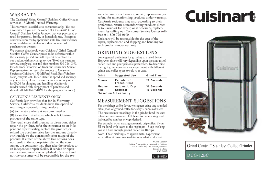 Cuisinart DCG-12BC warranty Warranty, Grinding Suggestions, Measurement Suggestions, California Residents only 