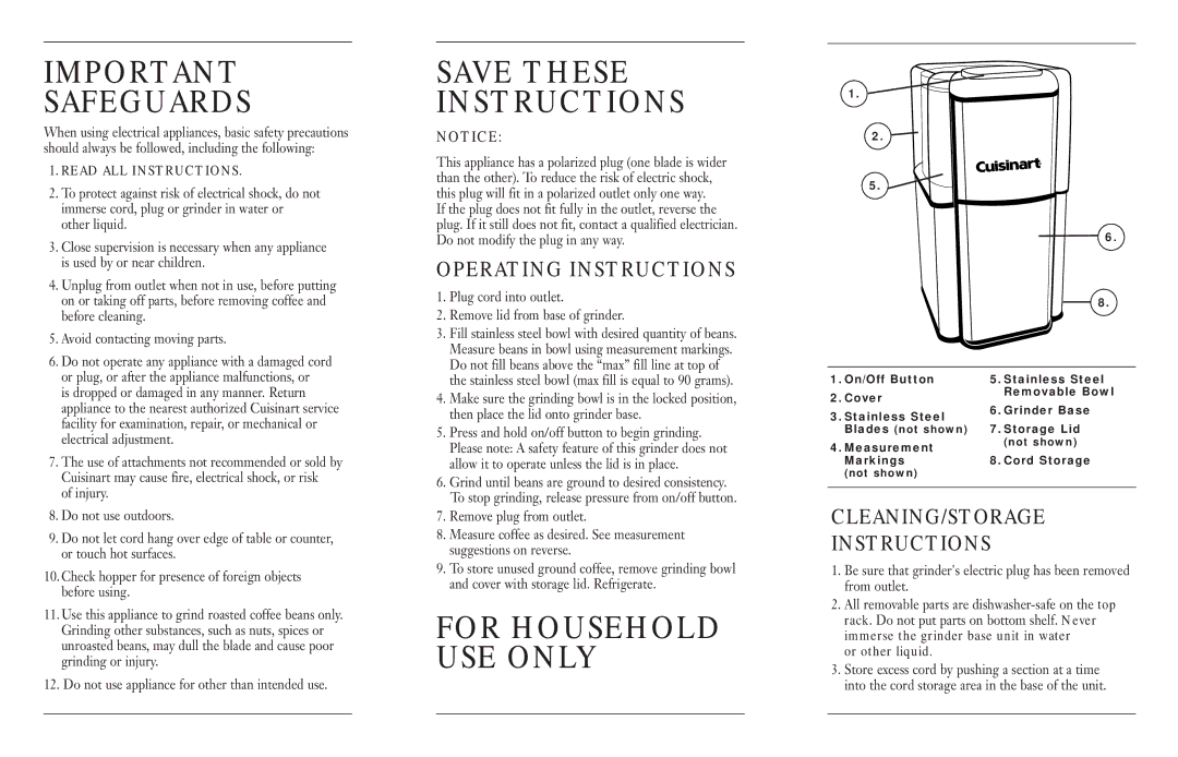 Cuisinart DCG-12BC warranty Safeguards, For Household USE only, Operating Instructions, CLEANING/STORAGE Instructions 