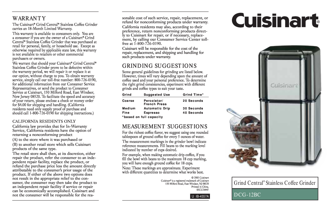 Cuisinart DCG-12BC warranty Warranty, Grinding Suggestions, Measurement Suggestions 