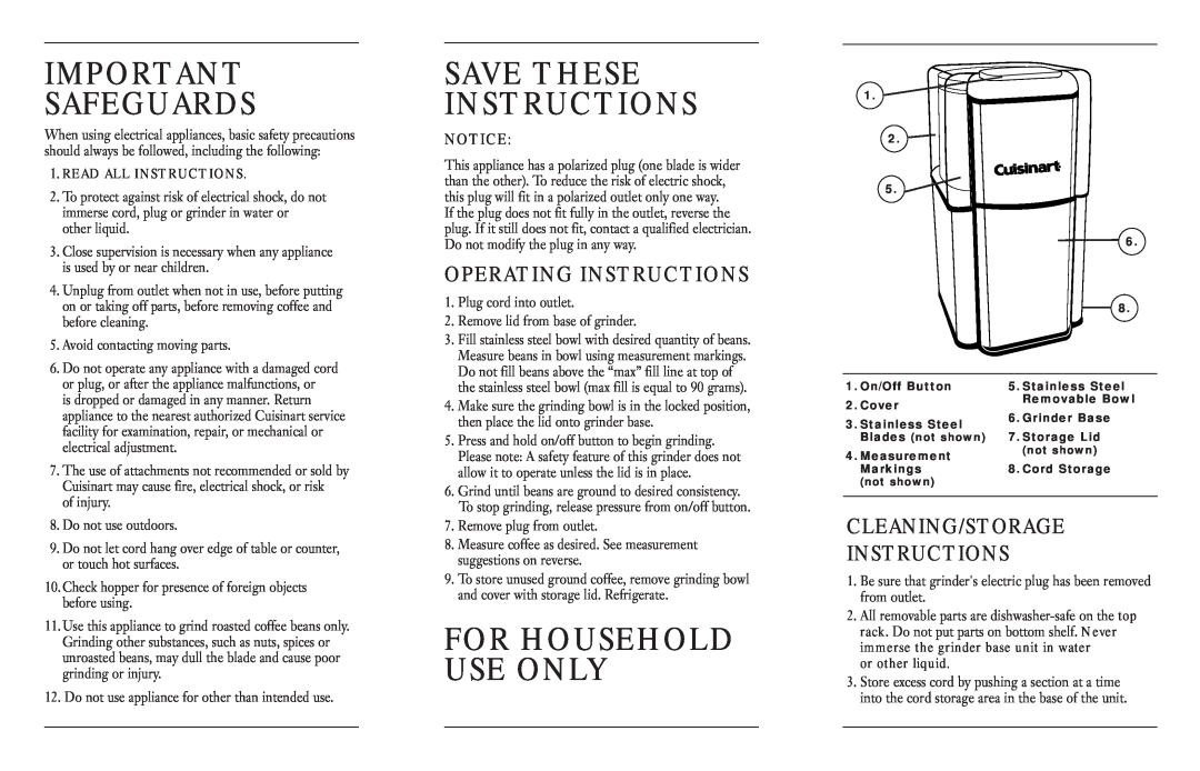 Cuisinart DCG-12BC warranty Operating Instructions, Cleaning/Storage Instructions, Safeguards, Save These Instructions 