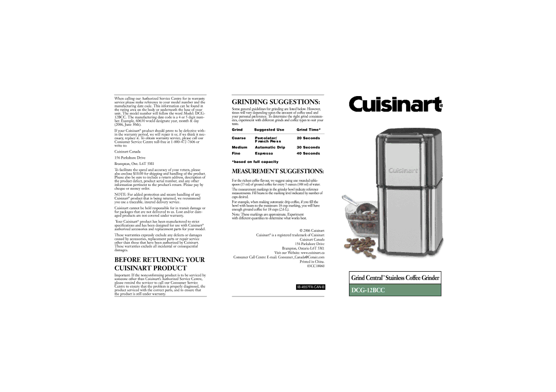 Cuisinart DCG-12BCC warranty Before Returning Your C U I S I N a RT Product, Grinding Suggestions 