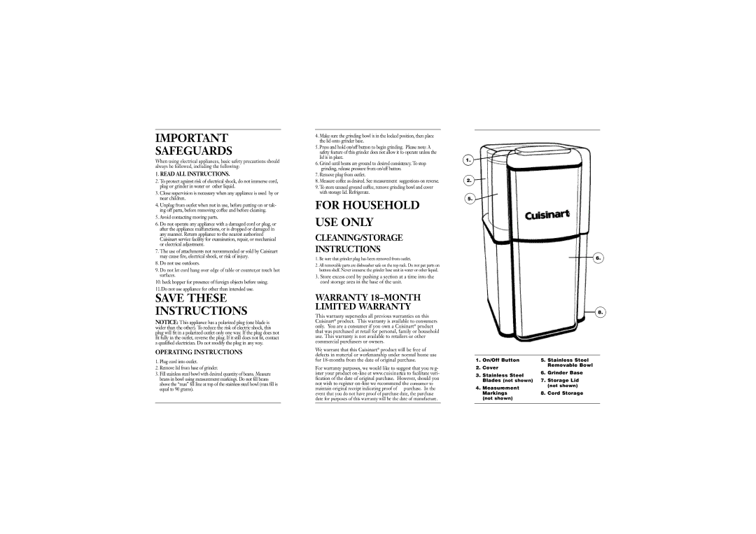 Cuisinart DCG-12BCC warranty Safeguards, Save These Instructions, For Household USE only, S T R U C T I O N S 