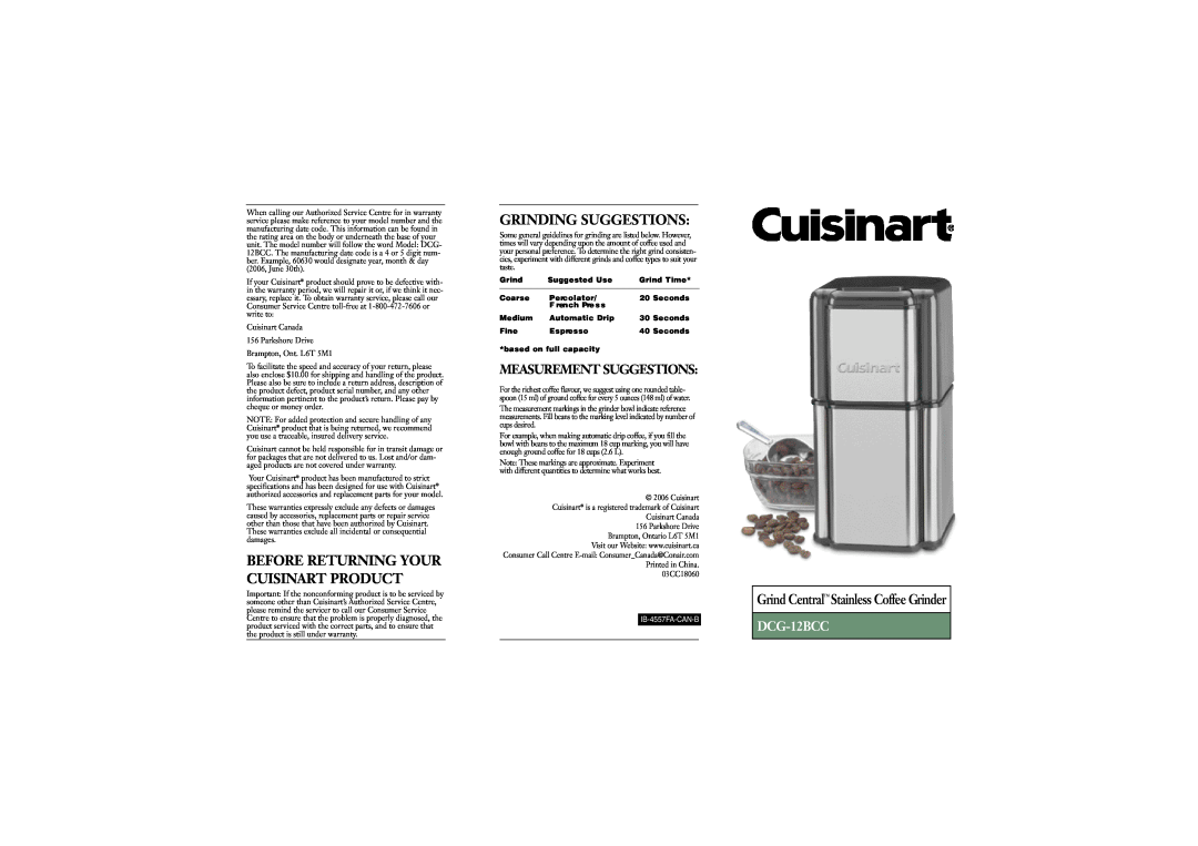 Cuisinart DCG-12BCC warranty Before Returning Your C U I S I N A Rt Product, Grinding Suggestions, Measurement Suggestions 
