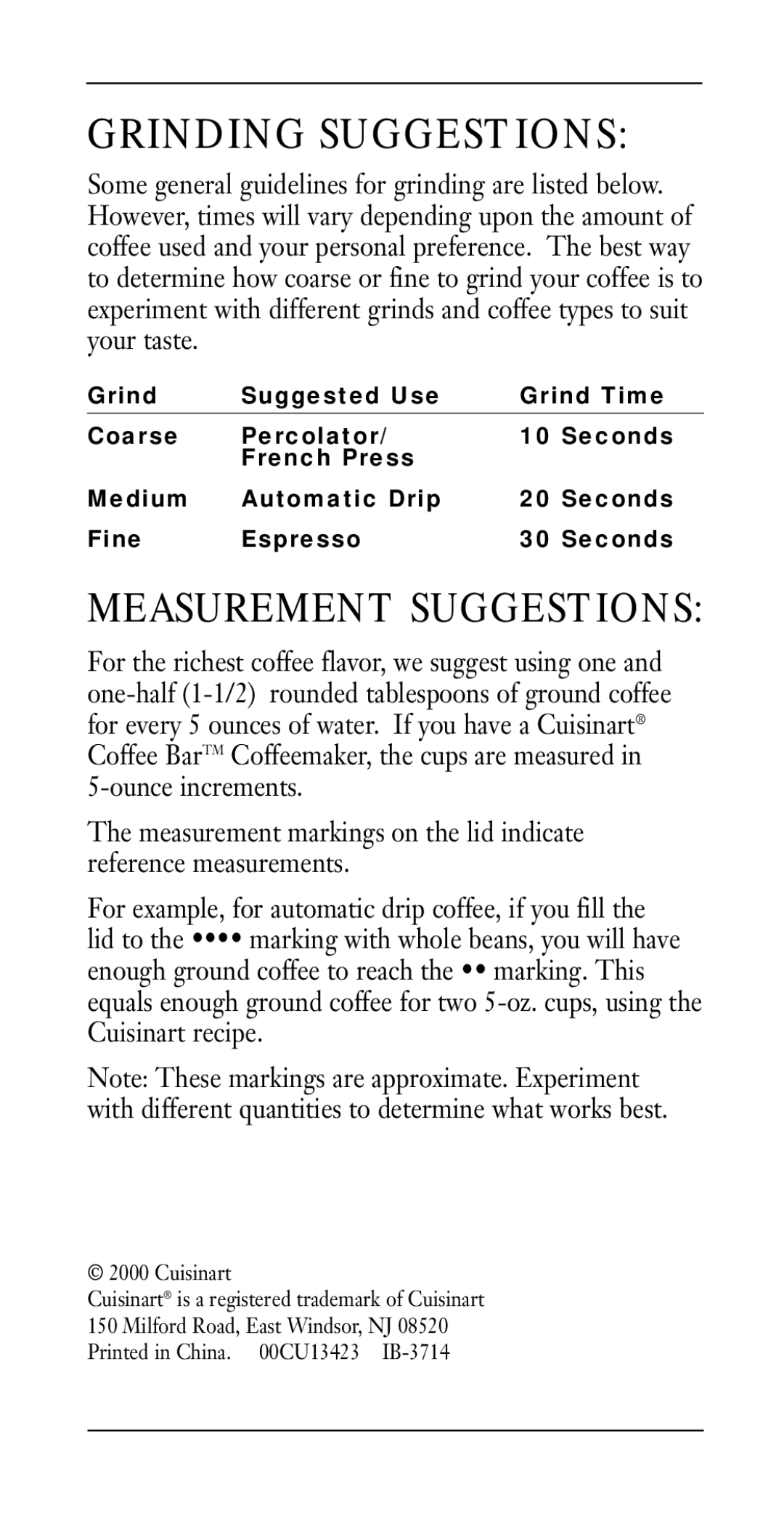 Cuisinart DCG-20BKN manual Grinding Suggestions, Measurement Suggestions 