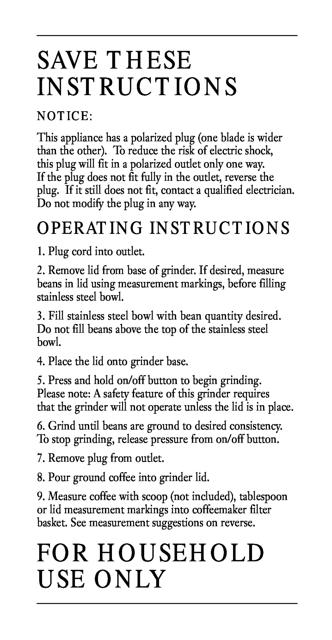 Cuisinart DCG-20BKN manual Save These Instructions, Operating Instructions, For Household Use Only 
