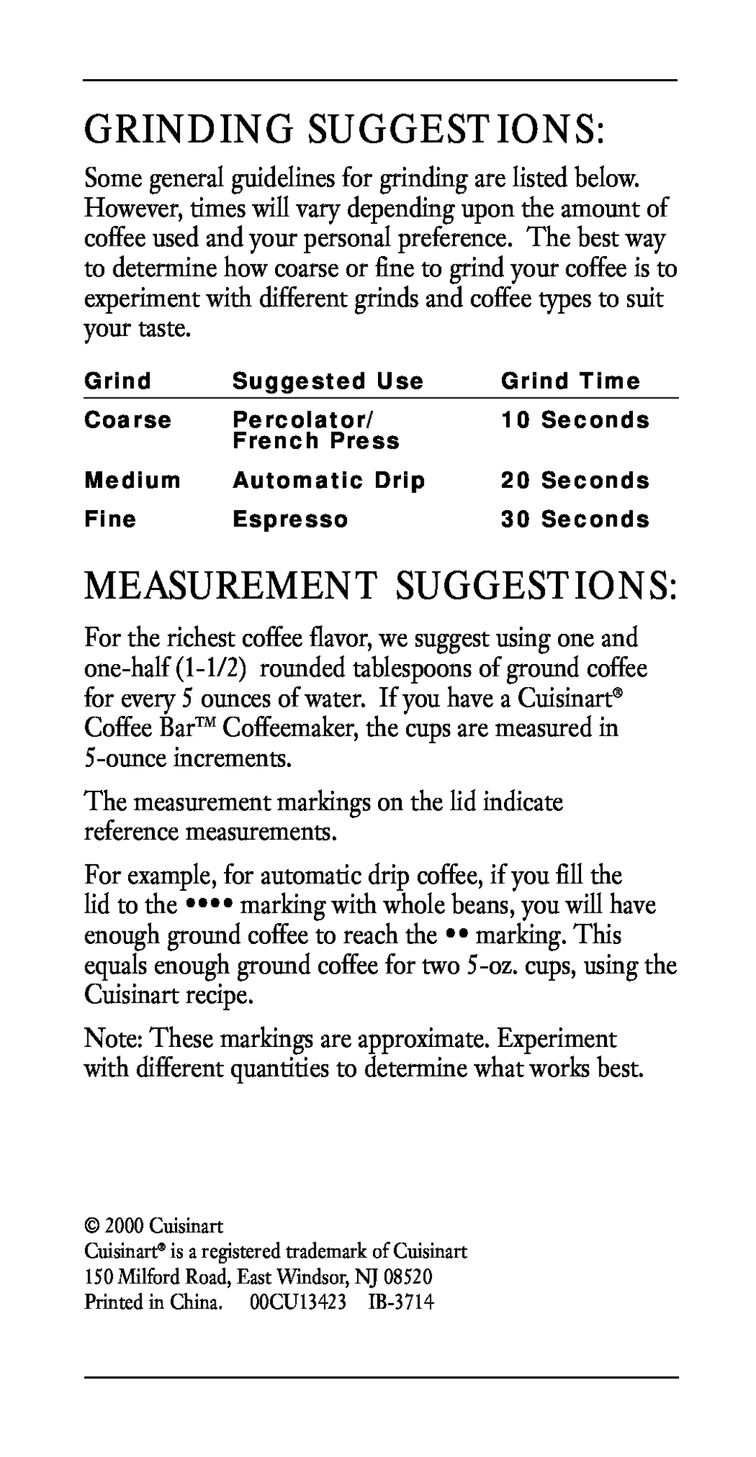 Cuisinart DCG-20BKN manual Grinding Suggestions, Measurement Suggestions 