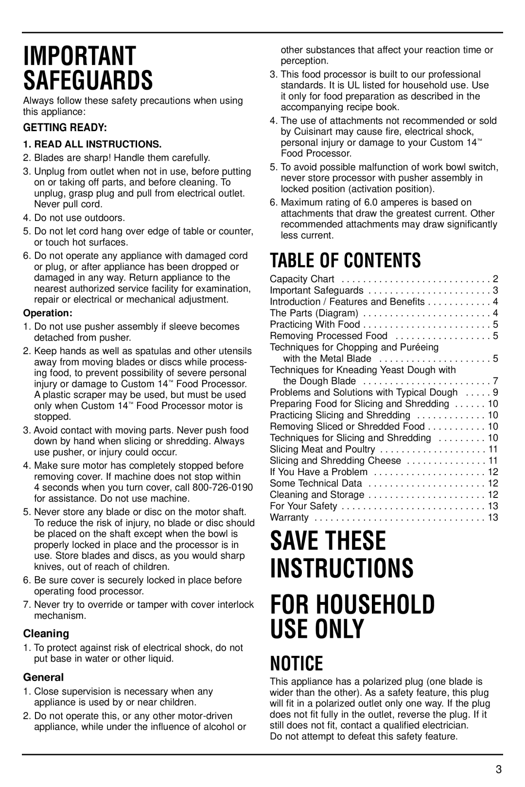 Cuisinart DFP-14N manual Safeguards, Table of Contents 