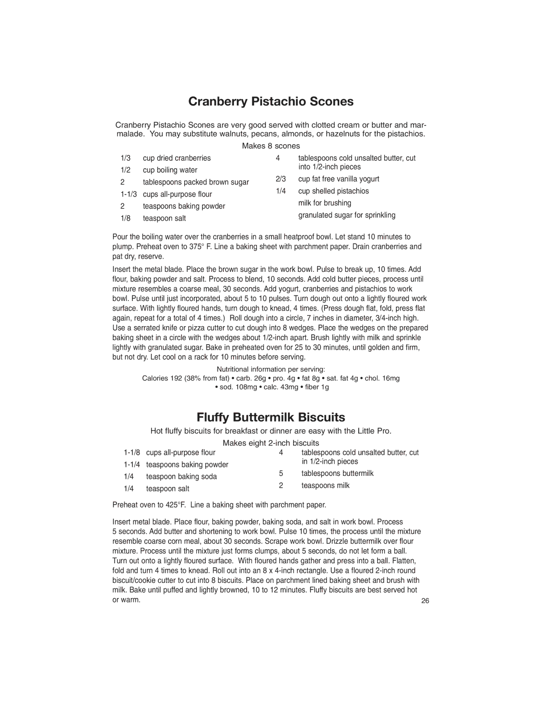 Cuisinart DFP-3 manual Cranberry Pistachio Scones, Fluffy Buttermilk Biscuits 