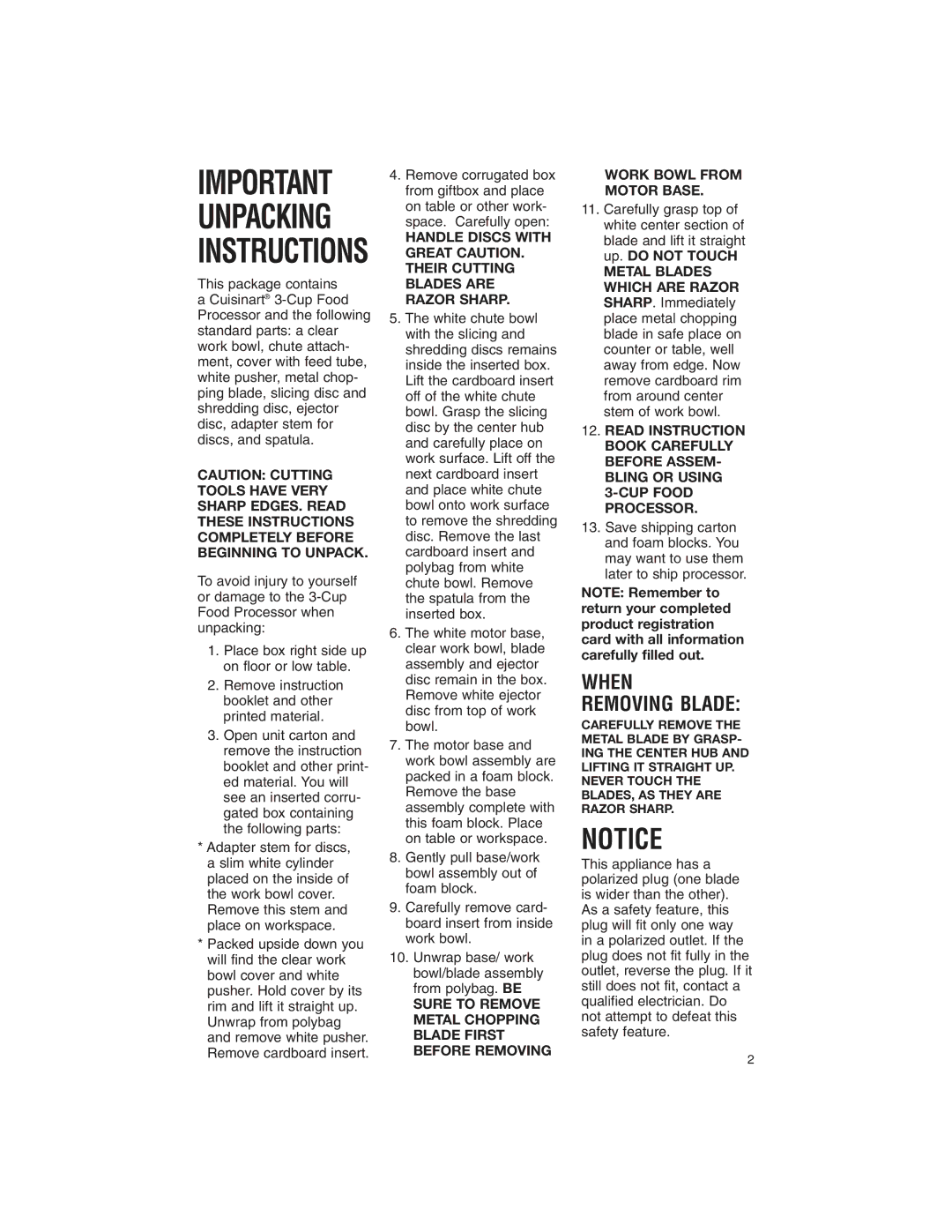 Cuisinart DFP-3 manual Important Unpacking Instructions 