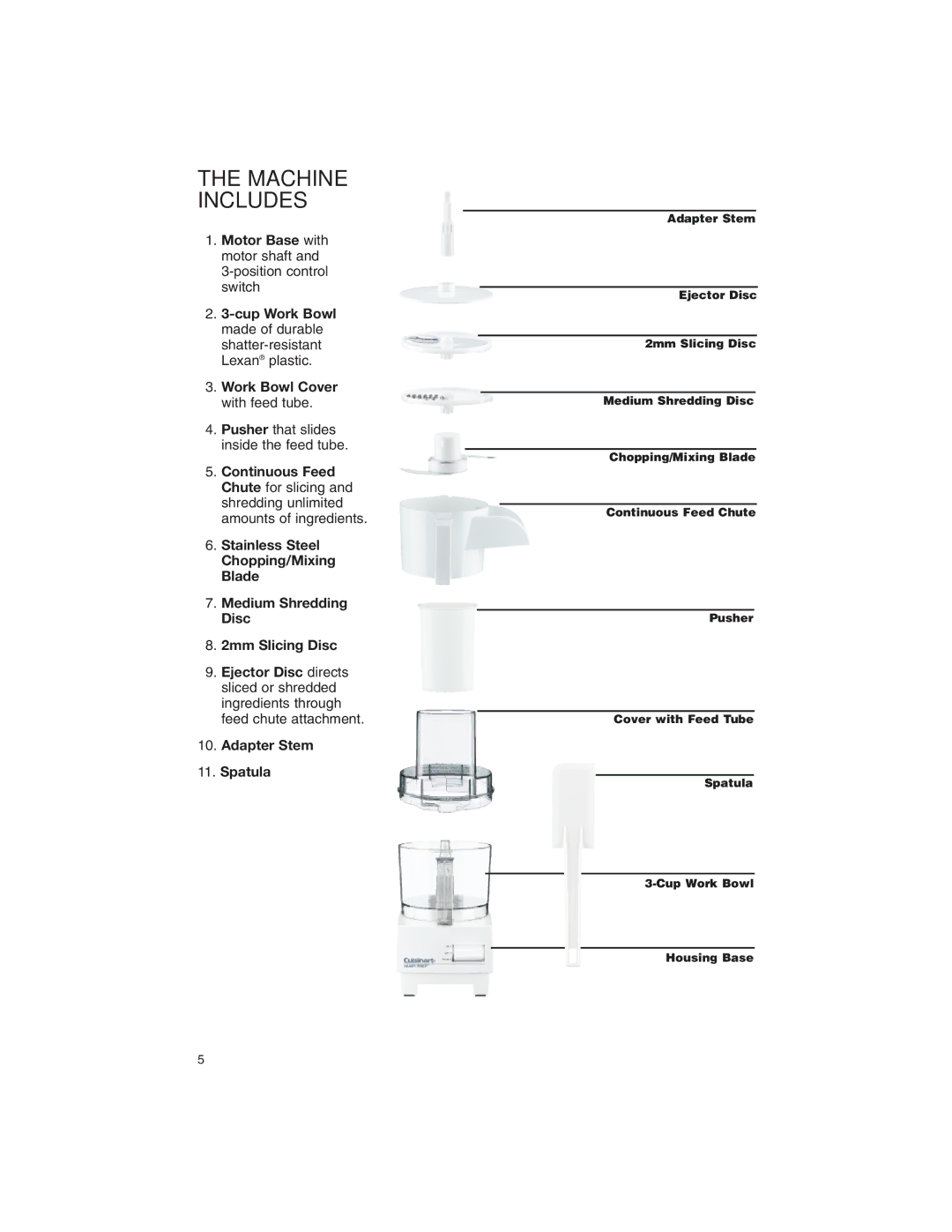 Cuisinart DFP-3 manual Motor Base with motor shaft, Position control switch, Pusher that slides inside the feed tube 