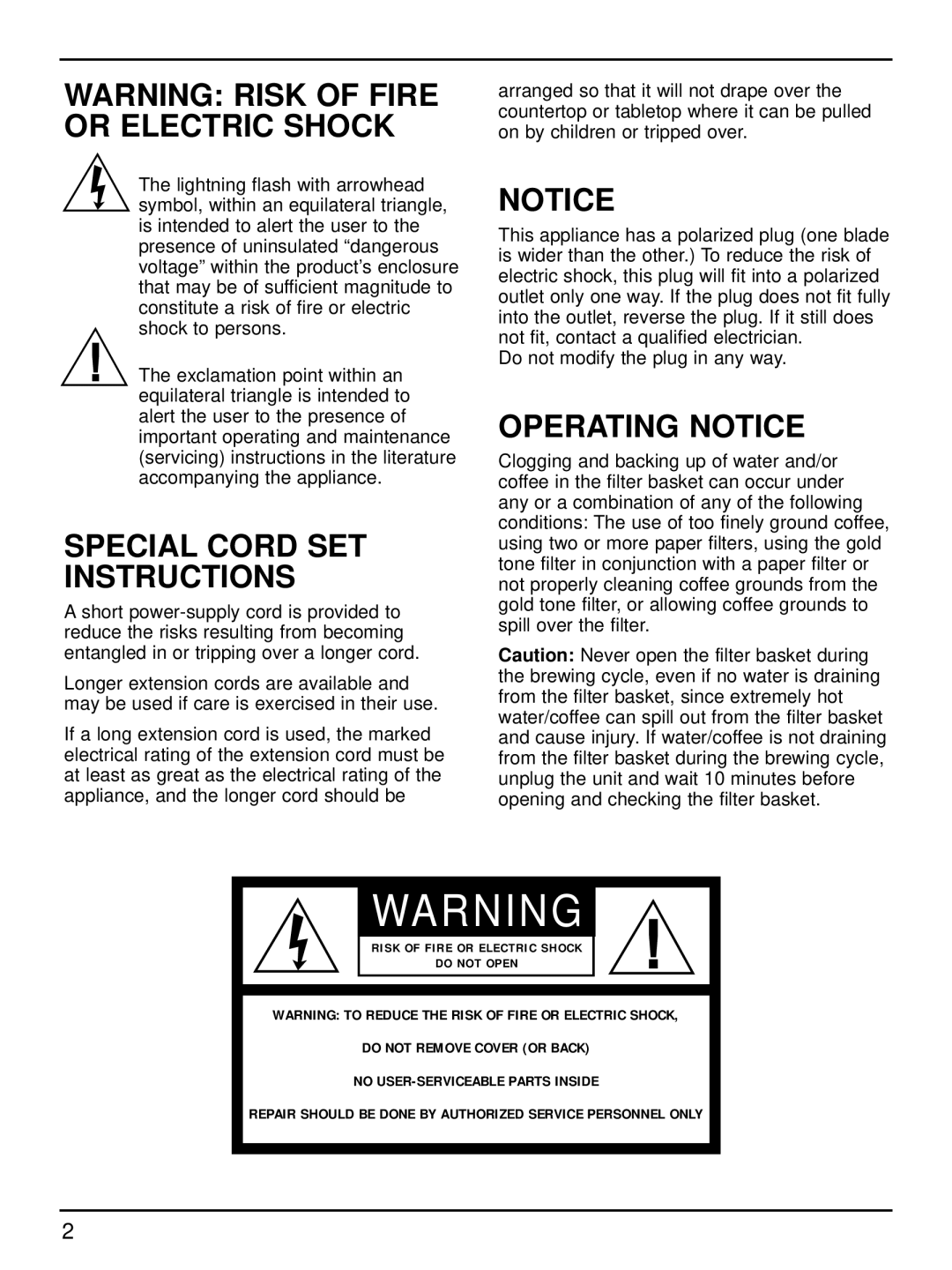 Cuisinart DGB-500 manual Special Cord SET Instructions, Operating Notice 