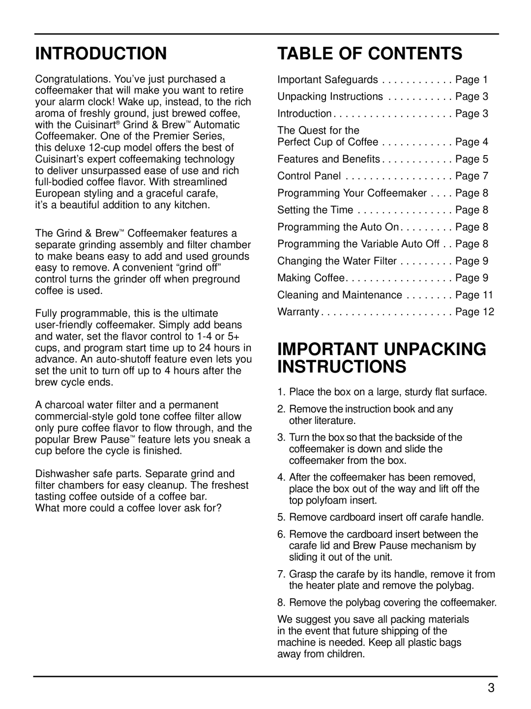 Cuisinart DGB-500 manual Introduction, Table of Contents 