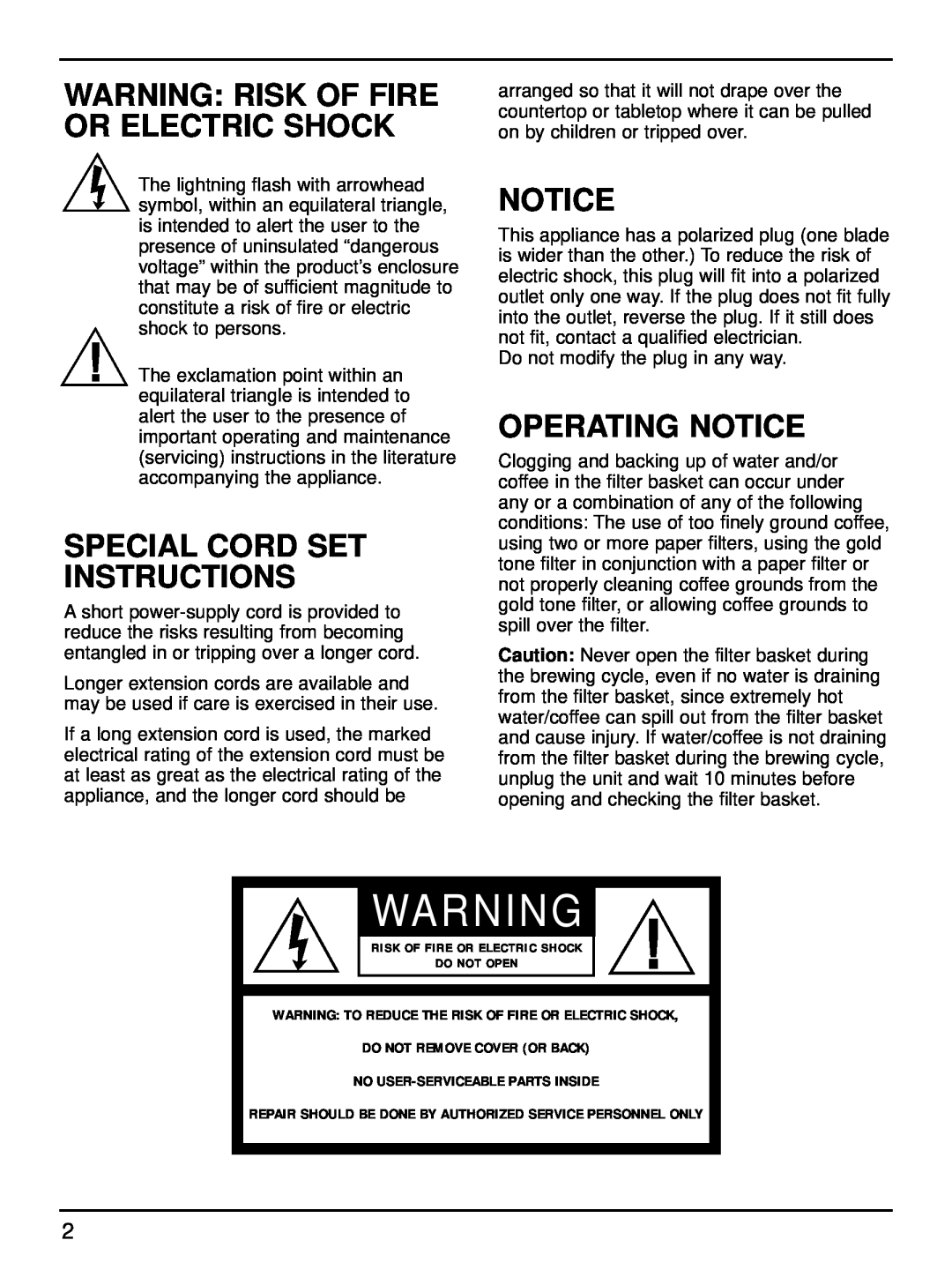 Cuisinart DGB-500 manual Warning Risk Of Fire Or Electric Shock, Special Cord Set Instructions, Operating Notice 