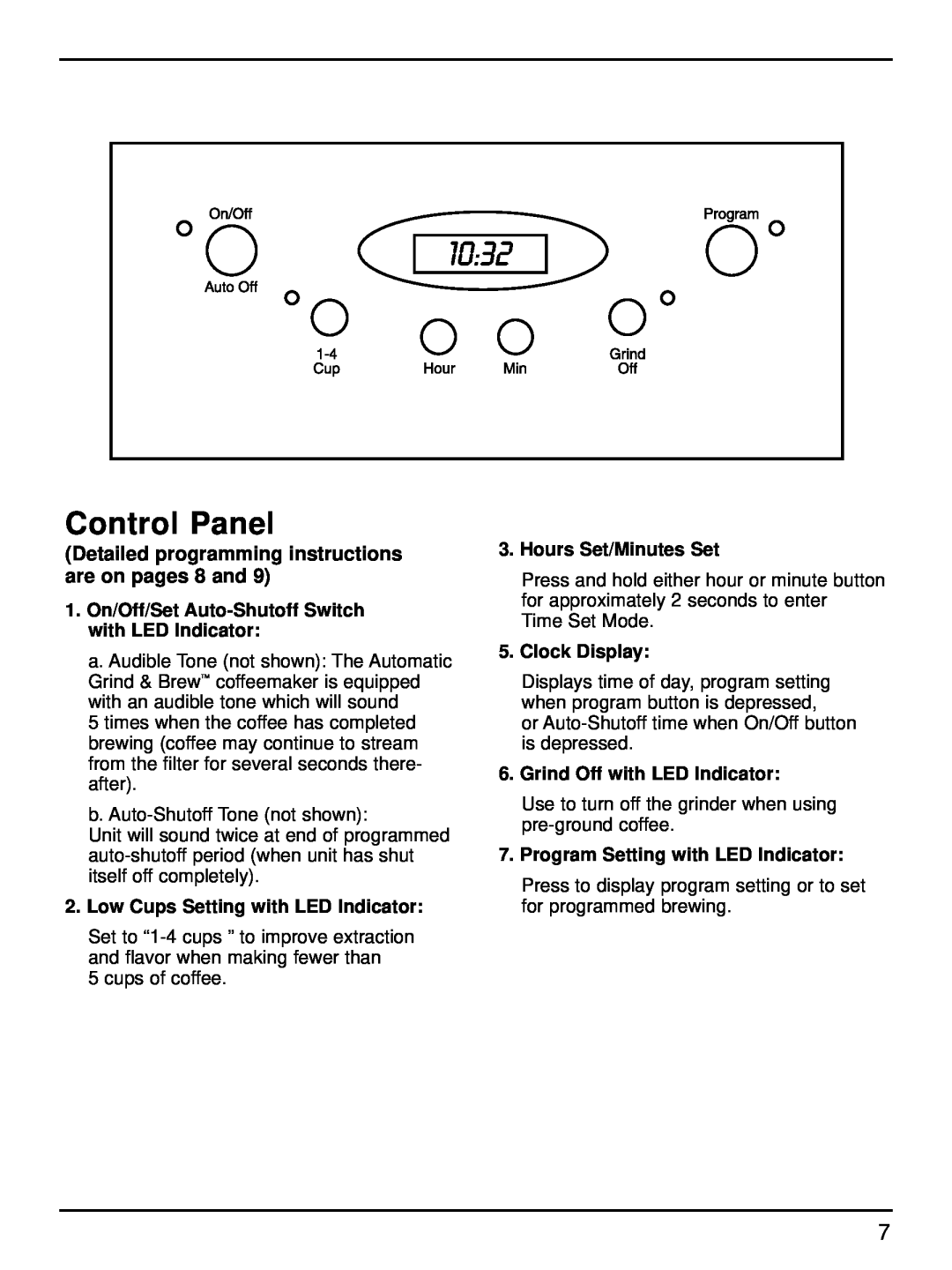 Cuisinart DGB-500 Control Panel, Detailed programming instructions are on pages 8 and, Low Cups Setting with LED Indicator 