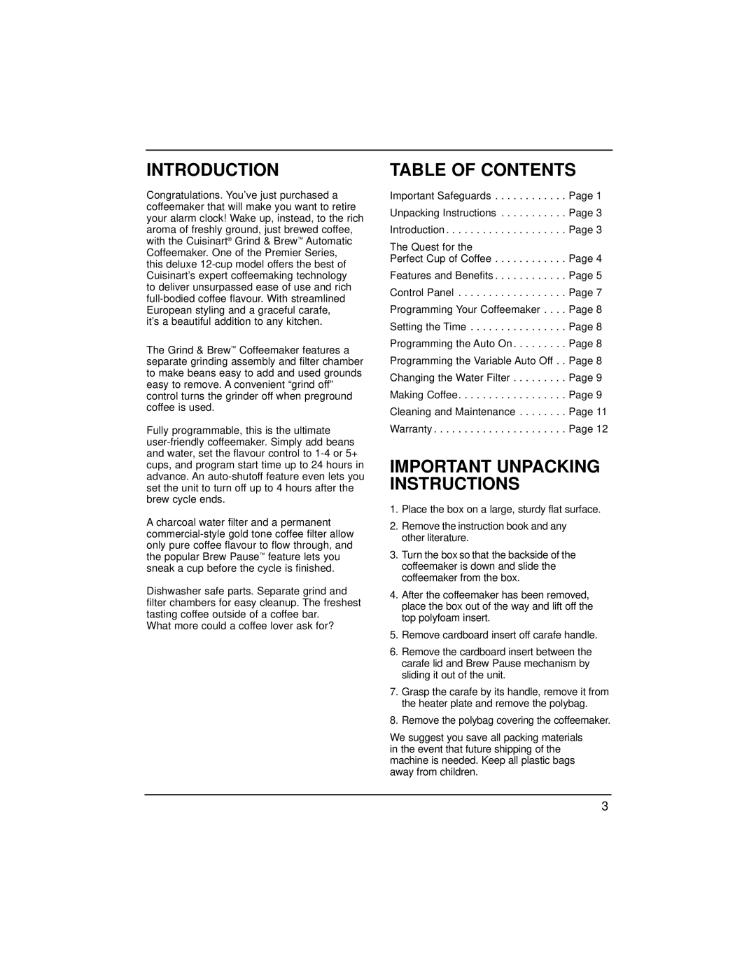 Cuisinart DGB-500C manual Introduction, Table of Contents 