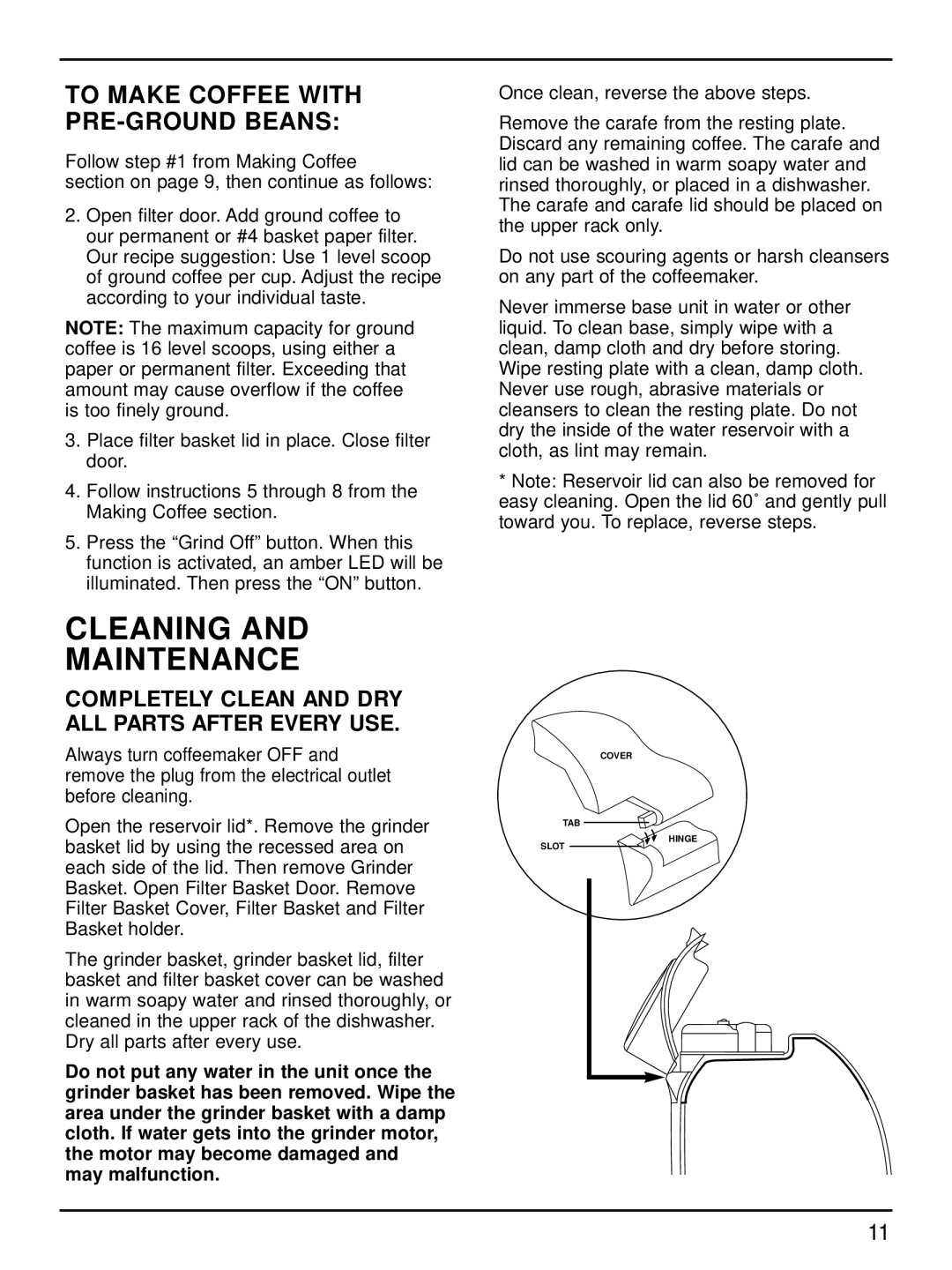 Cuisinart DGB-600 manual Cleaning Maintenance, To Make Coffee with PRE-GROUND Beans 