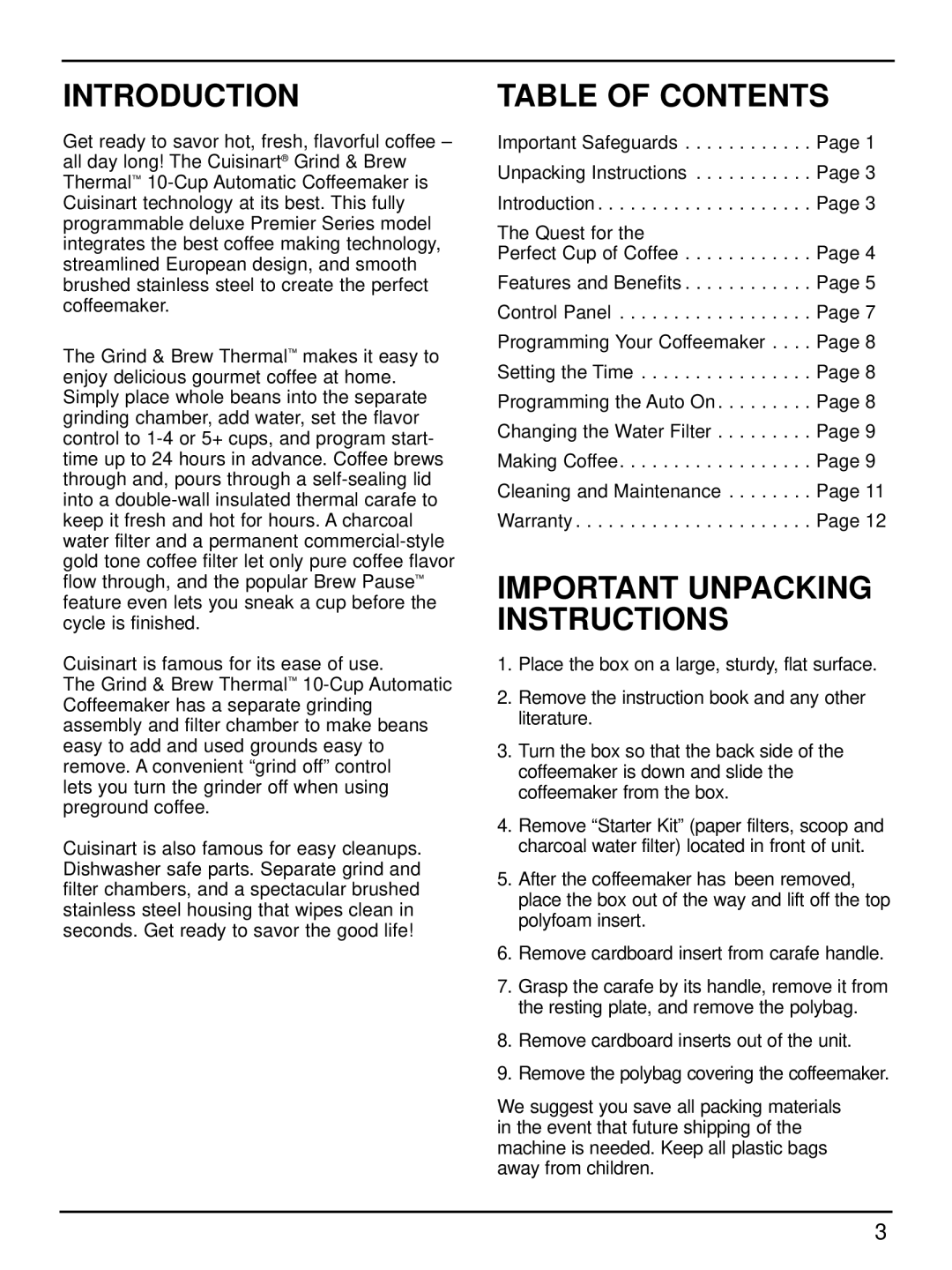 Cuisinart DGB-600 manual Introduction, Table of Contents 