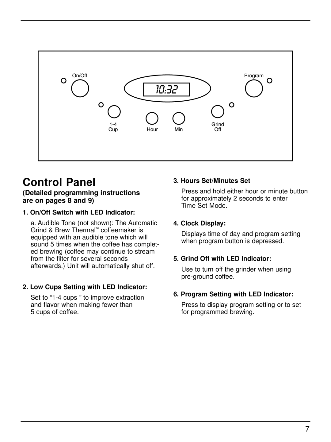 Cuisinart DGB-600 manual On/Off Switch with LED Indicator, Low Cups Setting with LED Indicator, Hours Set/Minutes Set 