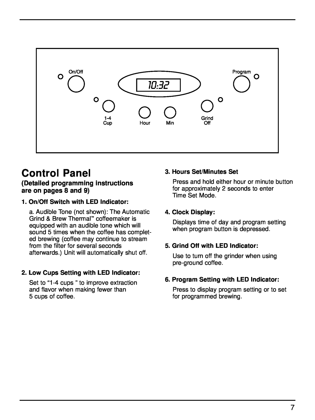 Cuisinart DGB-600 Control Panel, Detailed programming instructions are on pages 8 and, 1. On/Off Switch with LED Indicator 