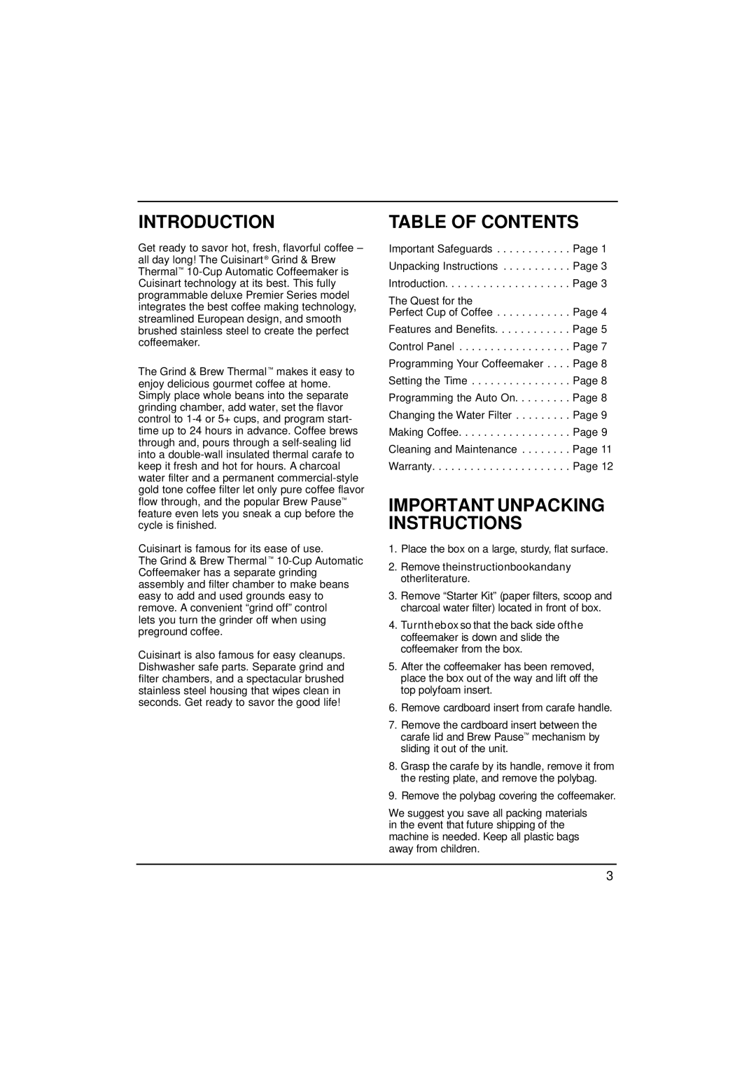 Cuisinart DGB-600BC manual Introduction, Table of Contents 