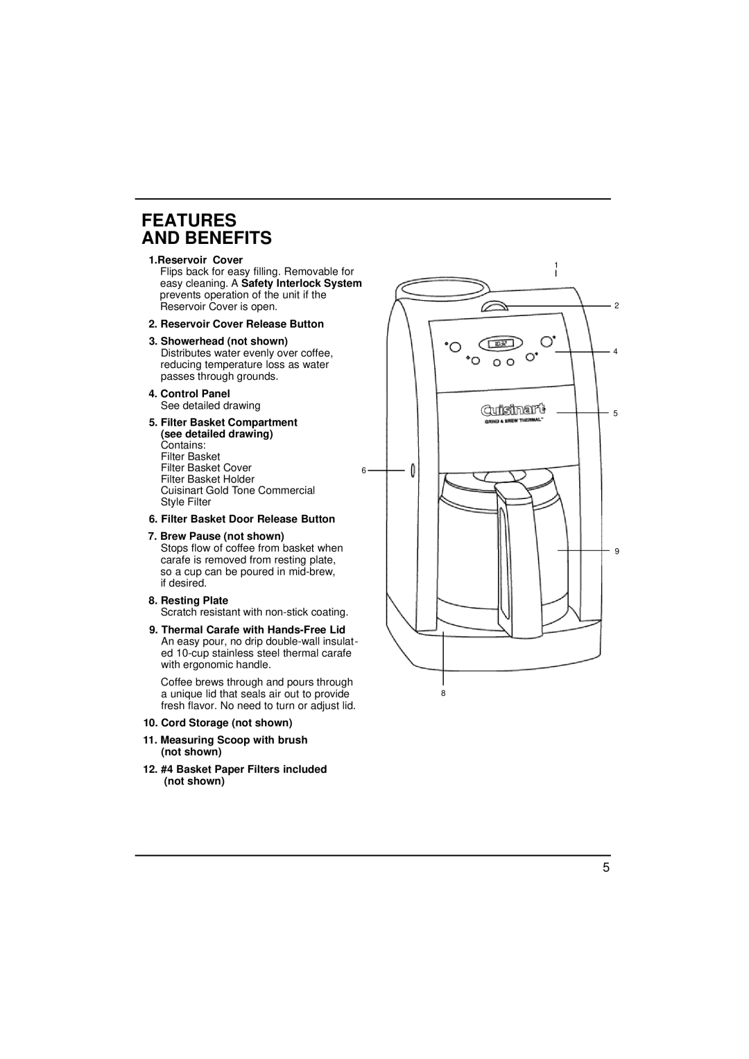 Cuisinart DGB-600BC manual Features Benefits, Reservoir Cover, Filter Basket Compartment see detailed drawing Contains 