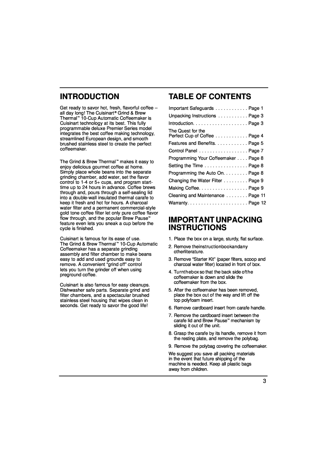 Cuisinart DGB-600BC manual Introduction, Table Of Contents, Important Unpacking Instructions 