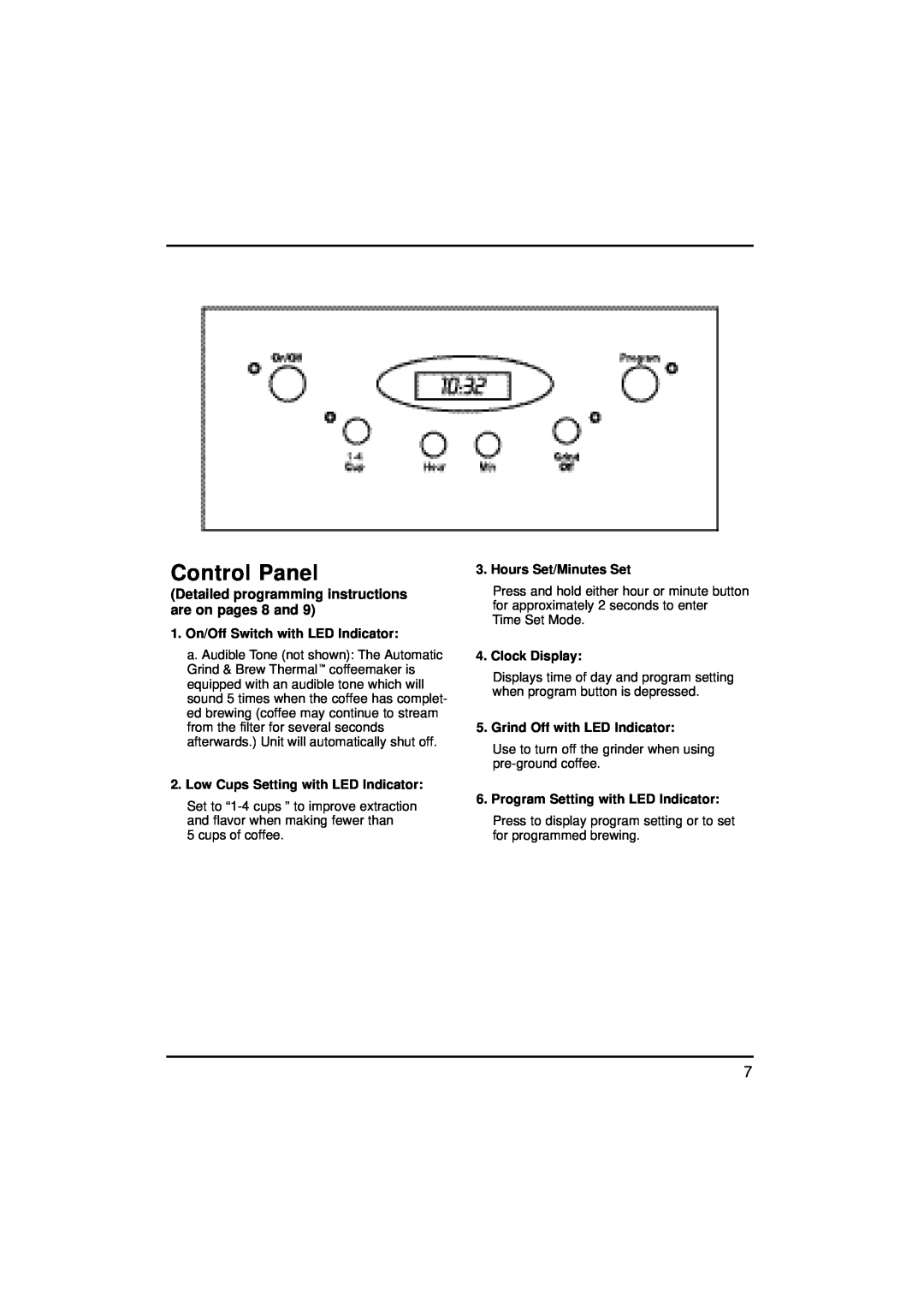 Cuisinart DGB-600BC manual Control Panel, Detailed programming instructions are on pages 8 and, Hours Set/Minutes Set 