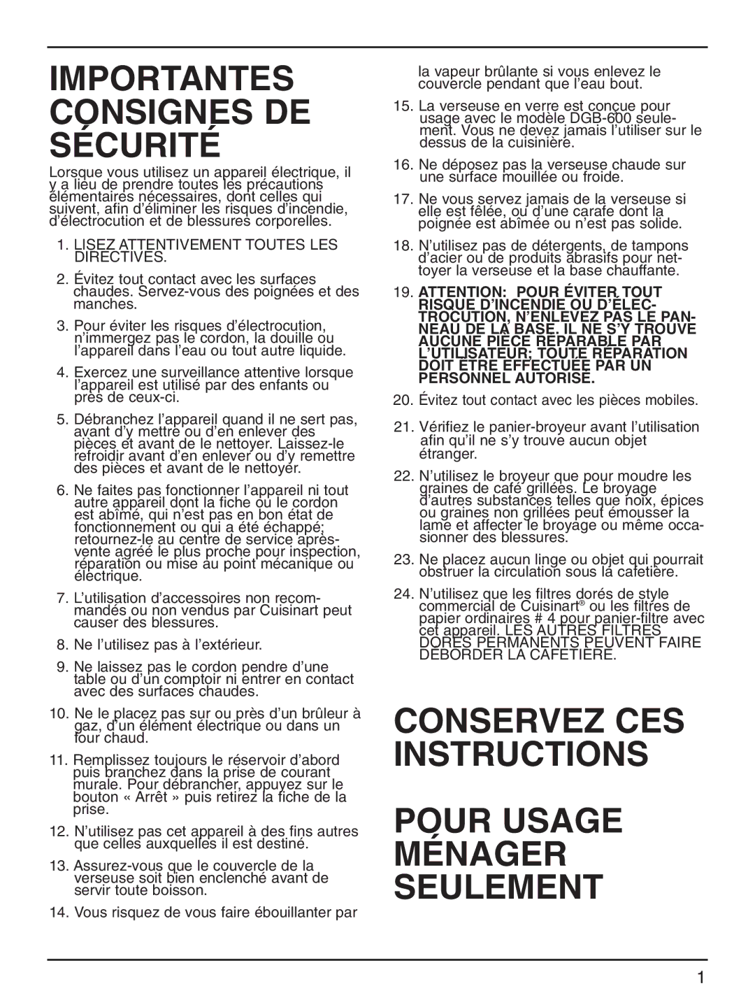 Cuisinart DGB-600BCC manual Importantes Consignes DE Sécurité 