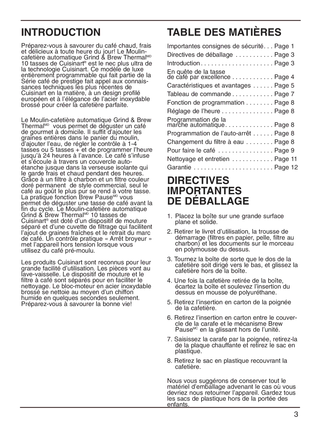 Cuisinart DGB-600BCC manual Table DES Matières, Directives Importantes DE Déballage 