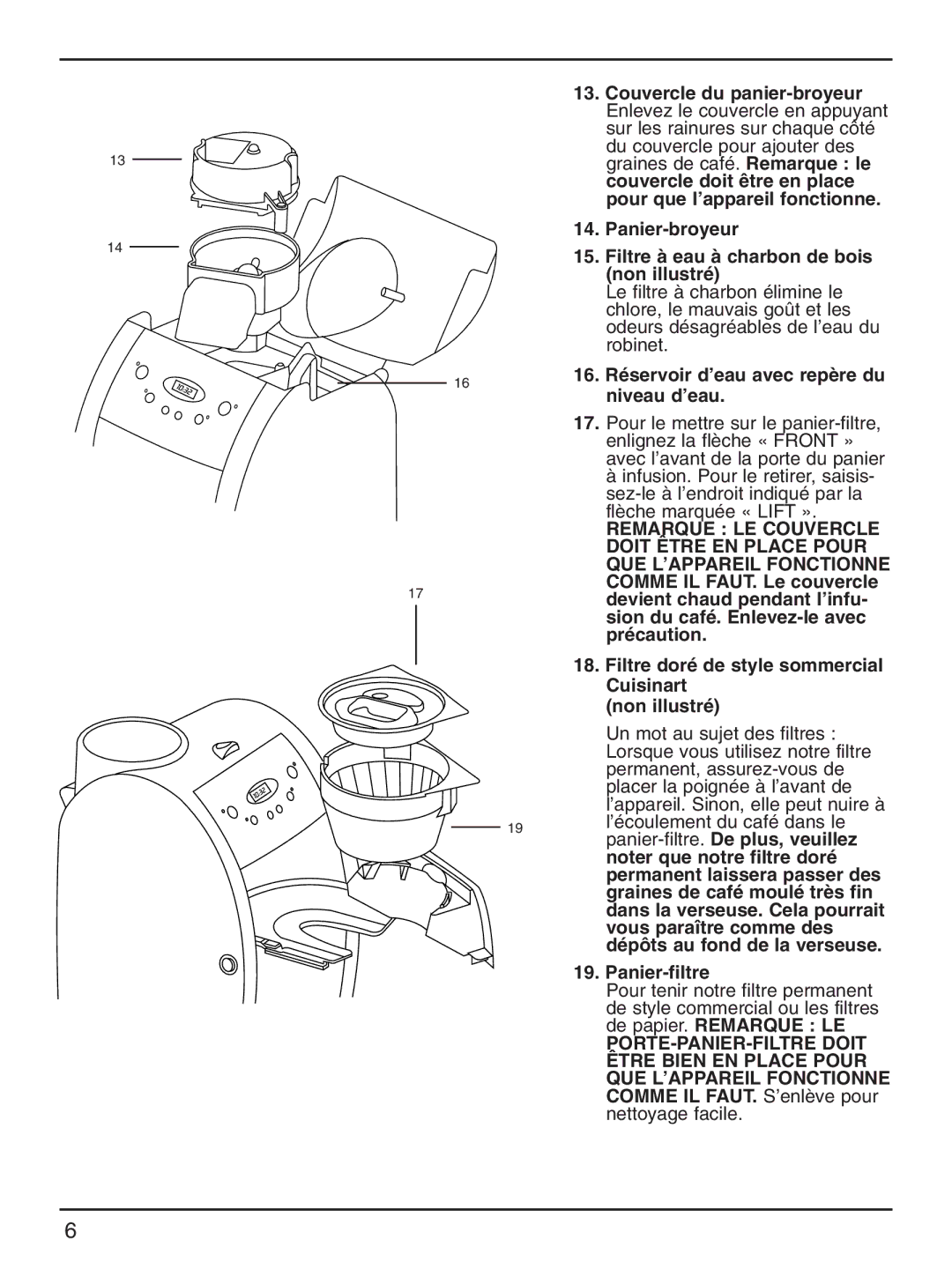 Cuisinart DGB-600BCC manual 16 16. Réservoir d’eau avec repère du niveau d’eau, Panier-filtre 