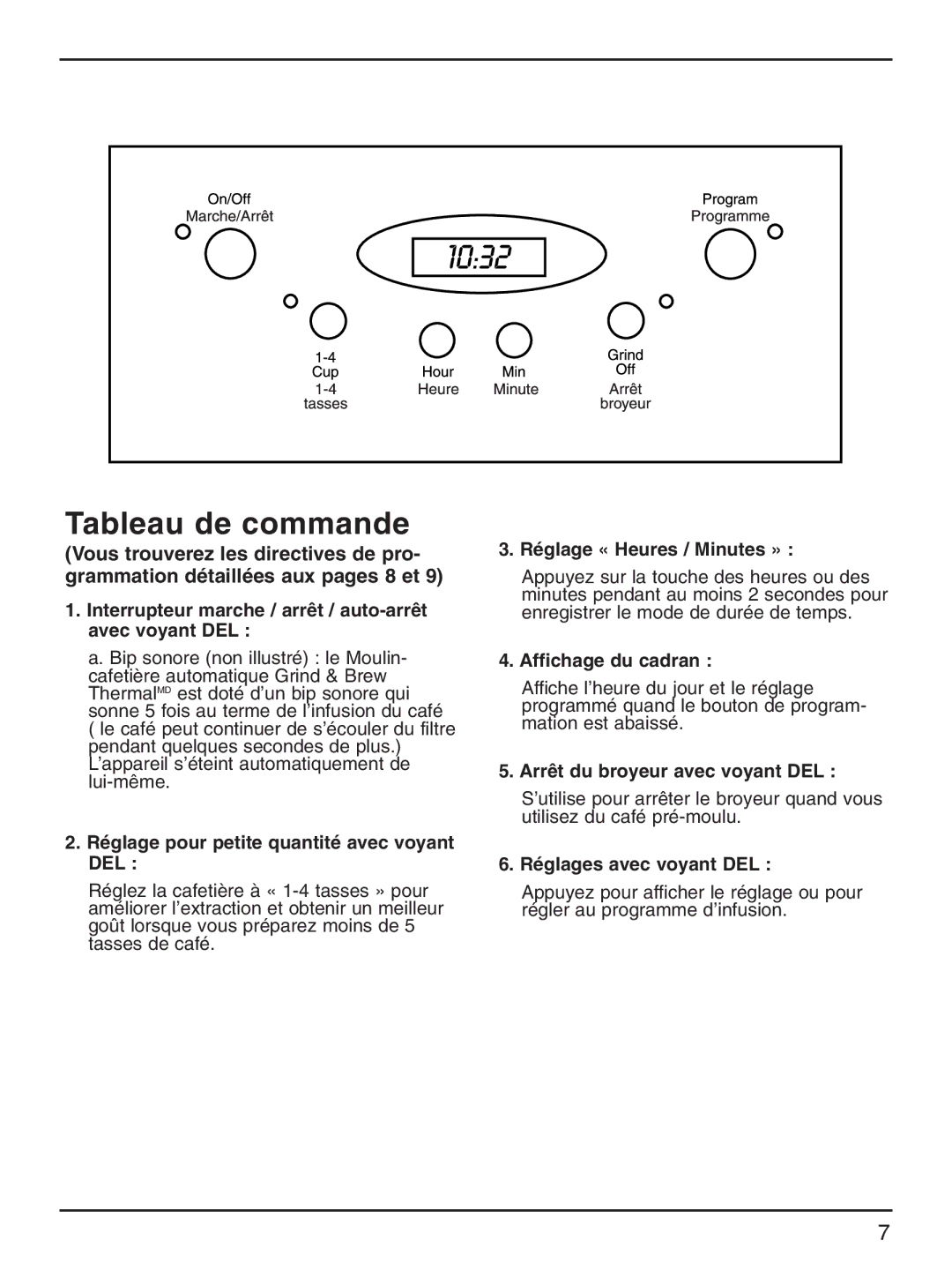 Cuisinart DGB-600BCC manual Interrupteur marche / arrêt / auto-arrêt avec voyant DEL, Réglage « Heures / Minutes » 