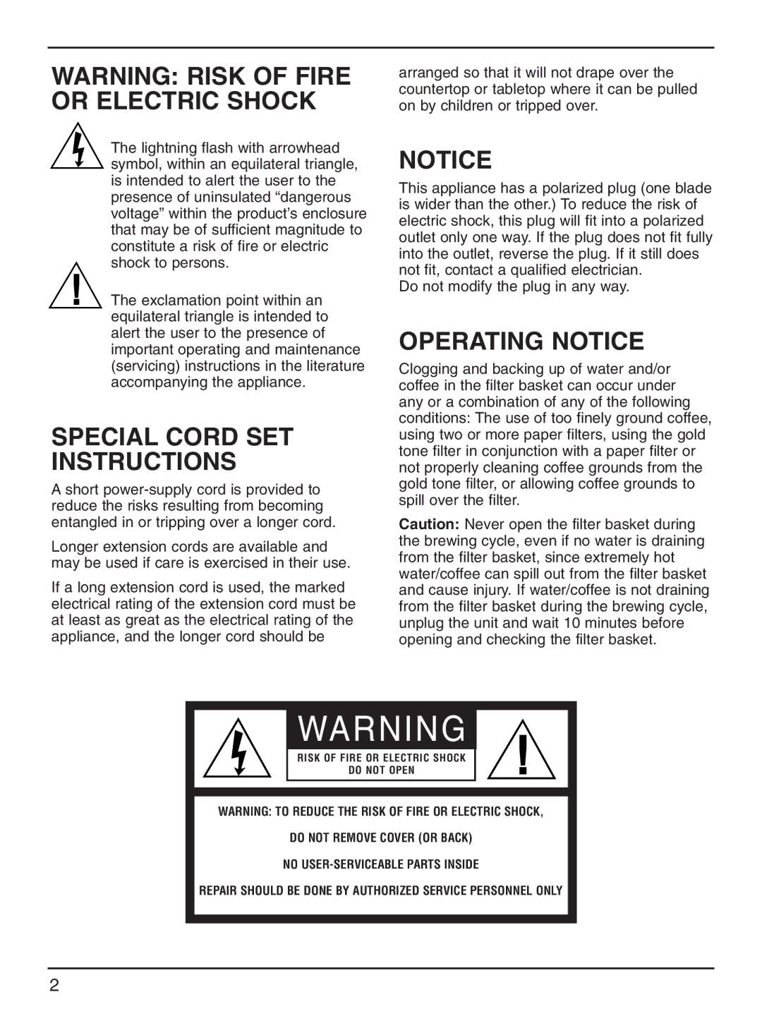 Cuisinart DGB-600BCC manual Special Cord SET Instructions, Operating Notice 