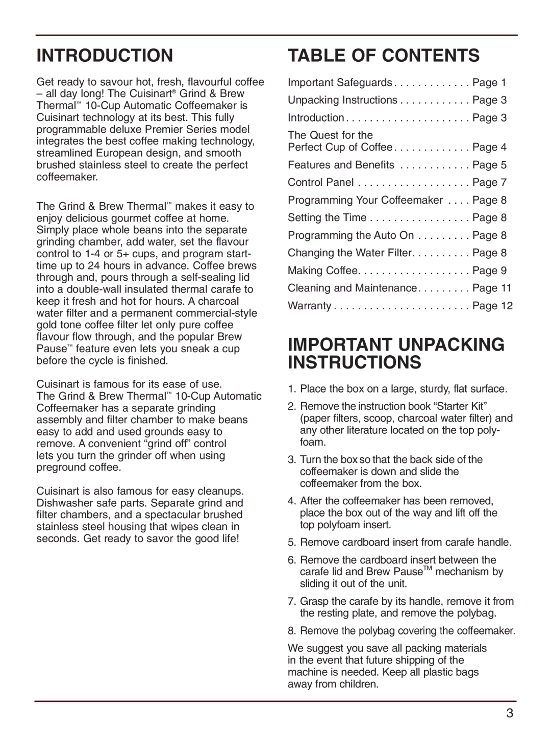 Cuisinart DGB-600BCC manual Introduction, Table of Contents 