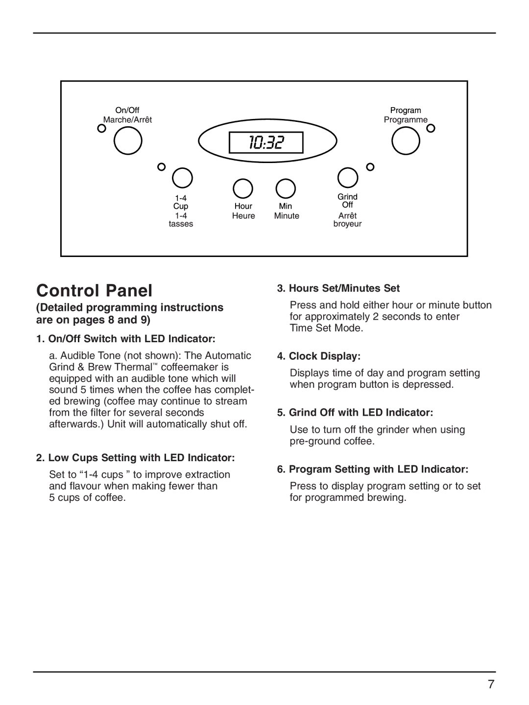 Cuisinart DGB-600BCC manual On/Off Switch with LED Indicator, Low Cups Setting with LED Indicator, Hours Set/Minutes Set 