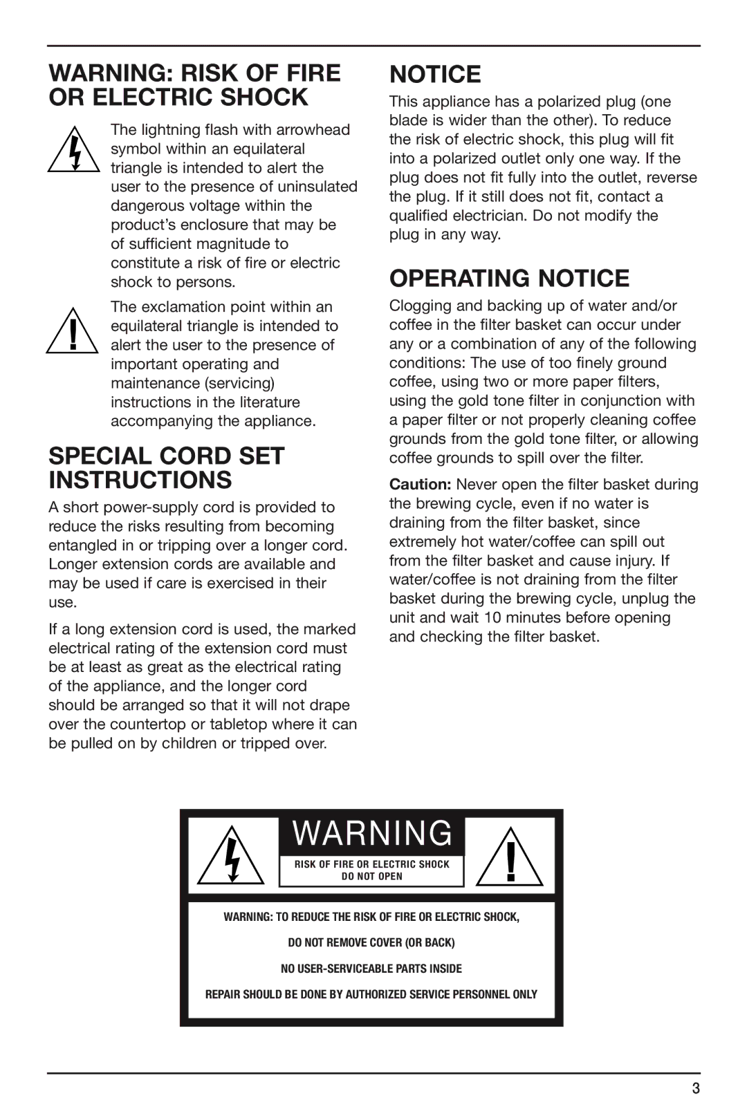 Cuisinart DGB-625BC manual Special Cord SET Instructions, Operating Notice 