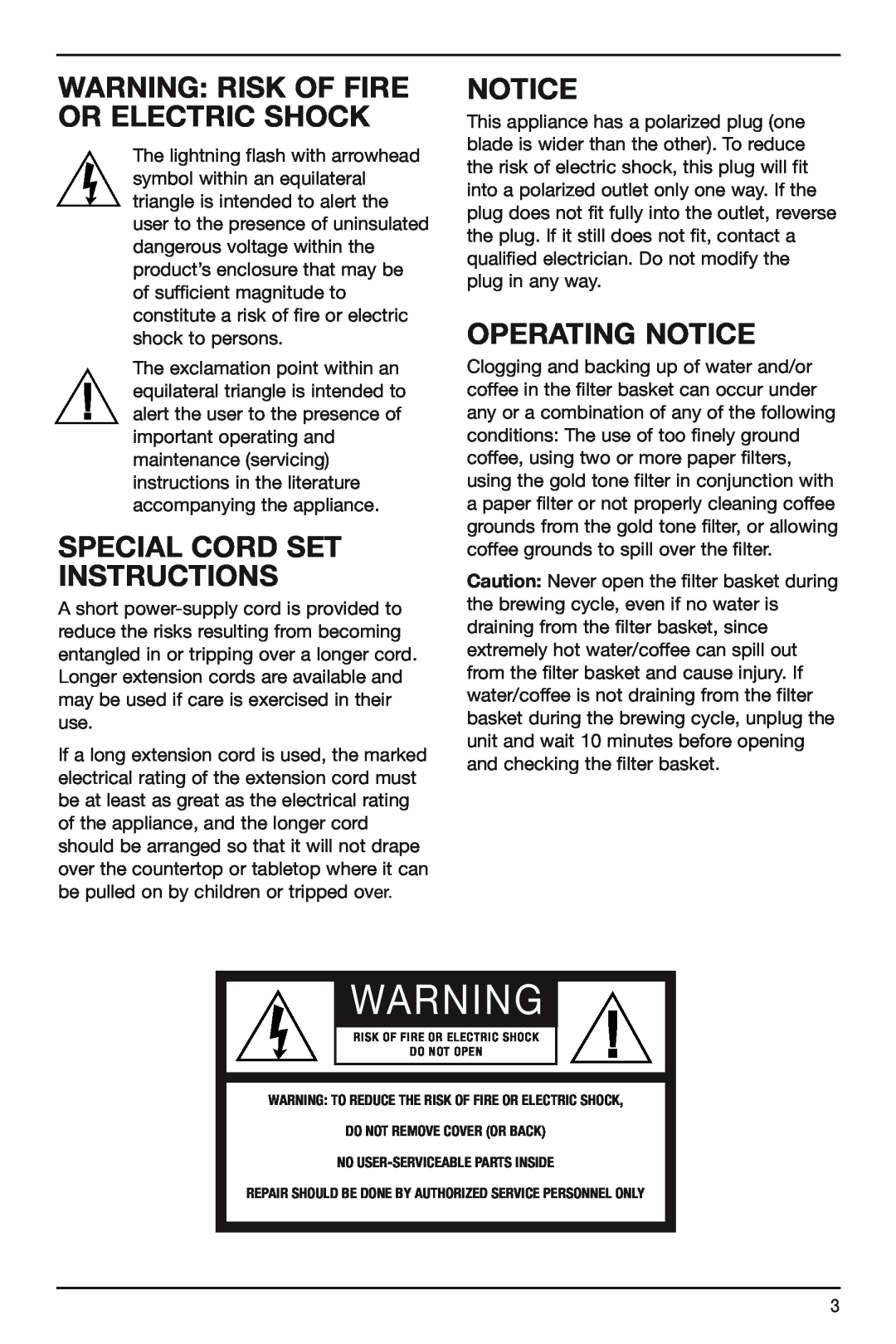 Cuisinart DGB-625BC manual Warning Risk Of Fire Or Electric Shock, Special Cord Set Instructions, Operating Notice 