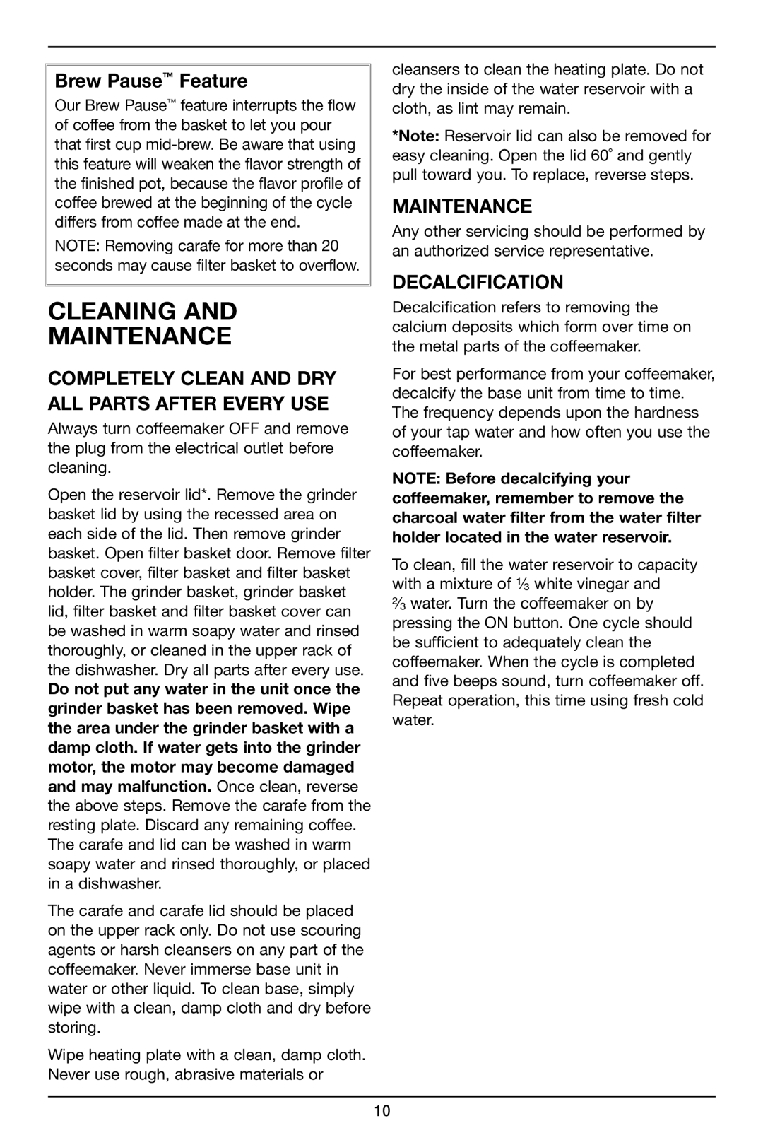 Cuisinart DGB-625 manual Cleaning Maintenance, Brew Pause Feature, Decalcification 