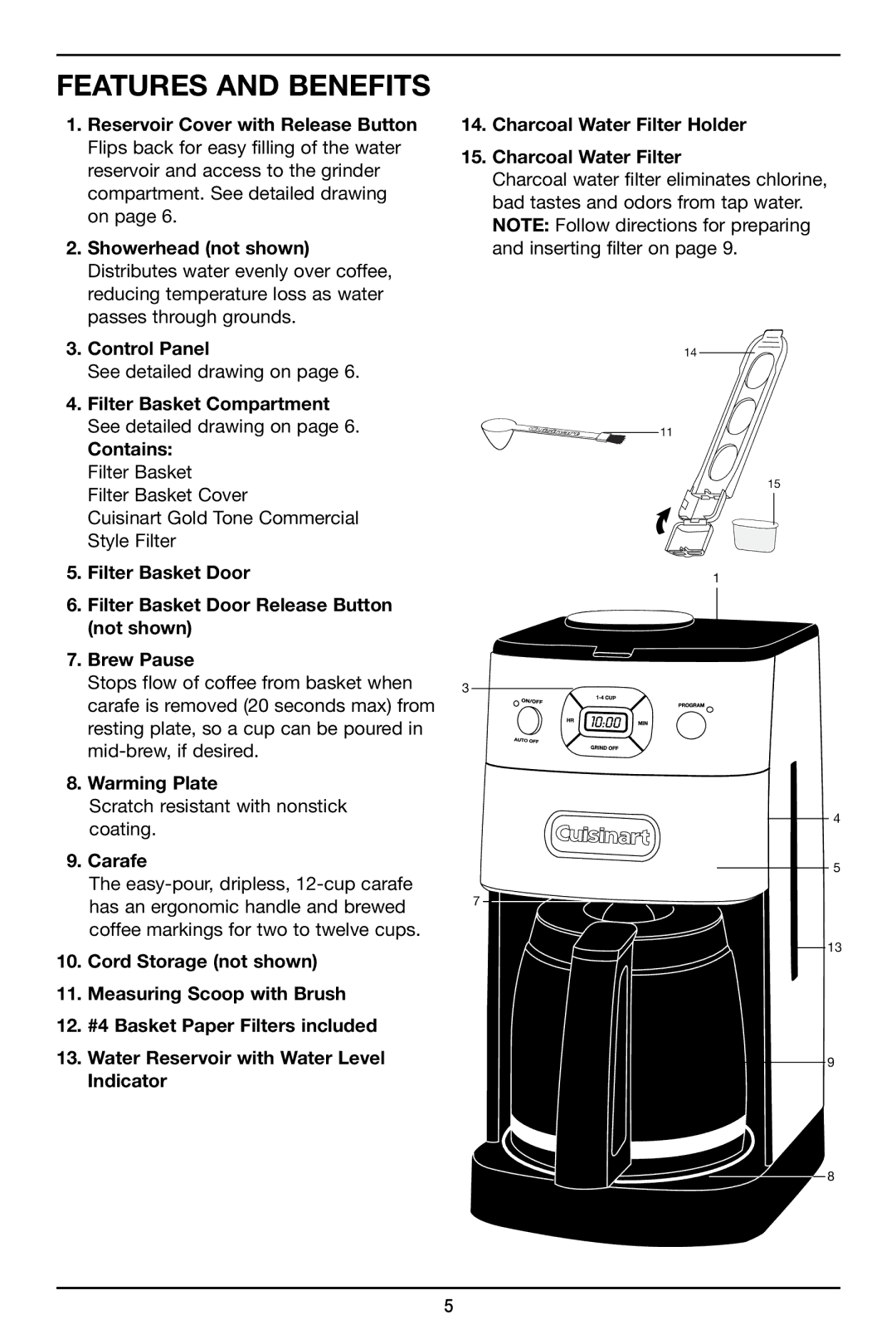 Cuisinart DGB-625 manual Features and Benefits, Warming Plate, Carafe 