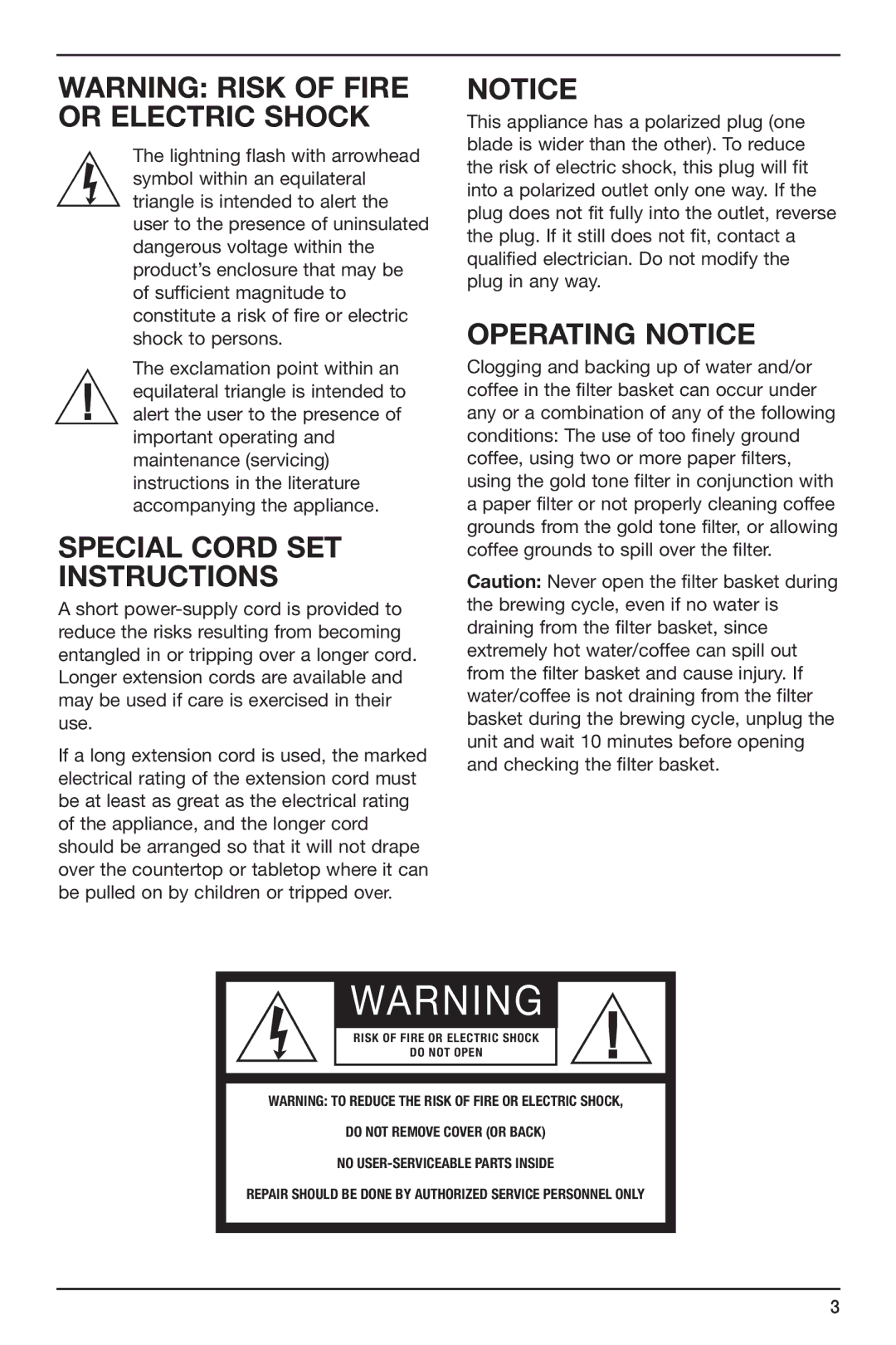 Cuisinart DGB-650BC manual Special Cord SET Instructions, Operating Notice 