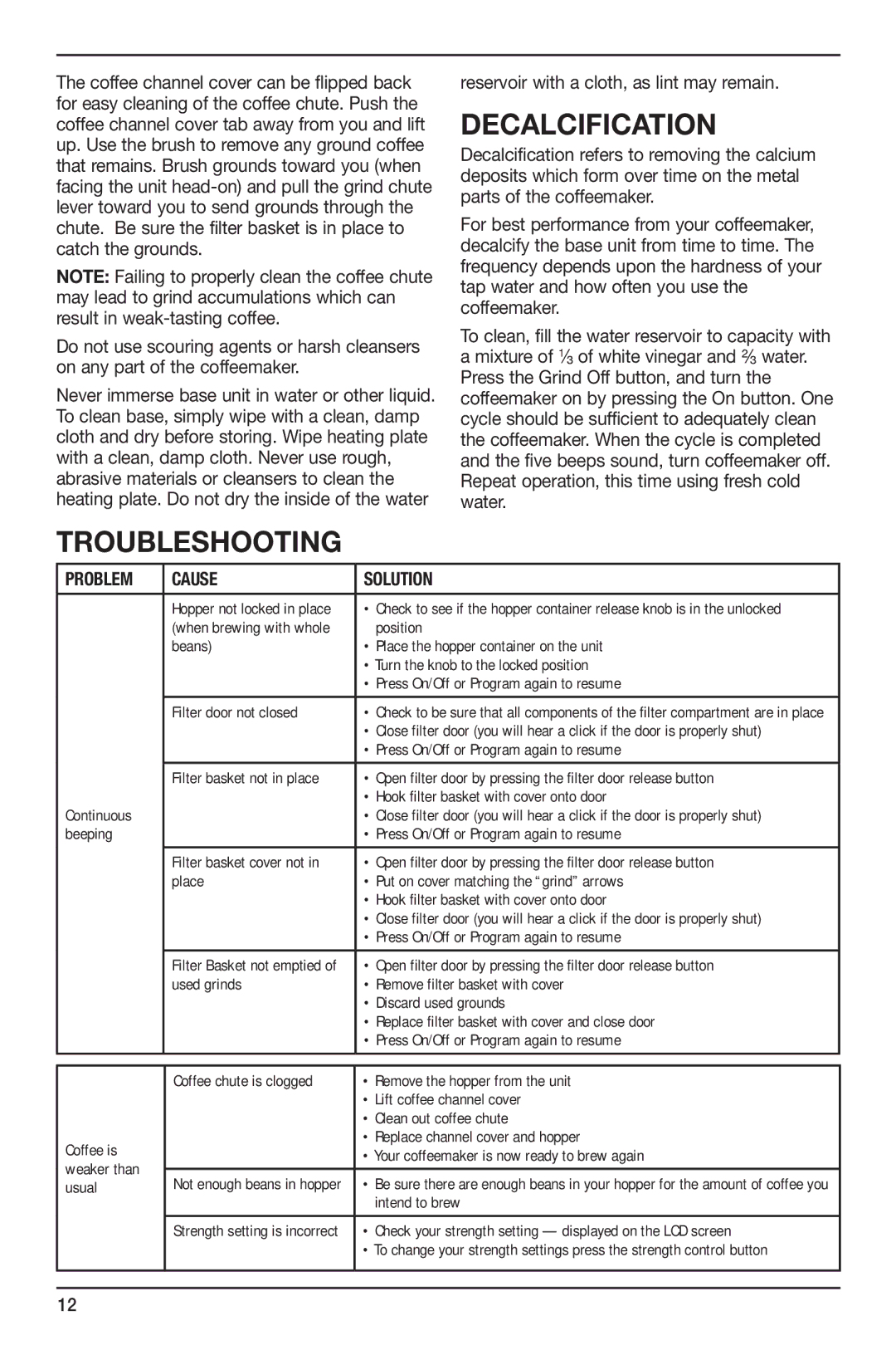 Cuisinart DGB-700BC, 274399 manual Decalcification, Troubleshooting 