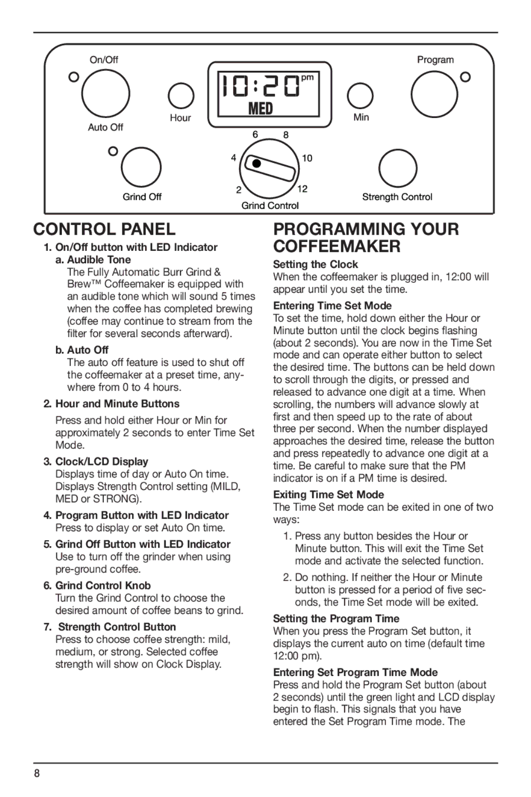 Cuisinart DGB-700BC, 274399 manual Control Panel, Programming Your Coffeemaker 