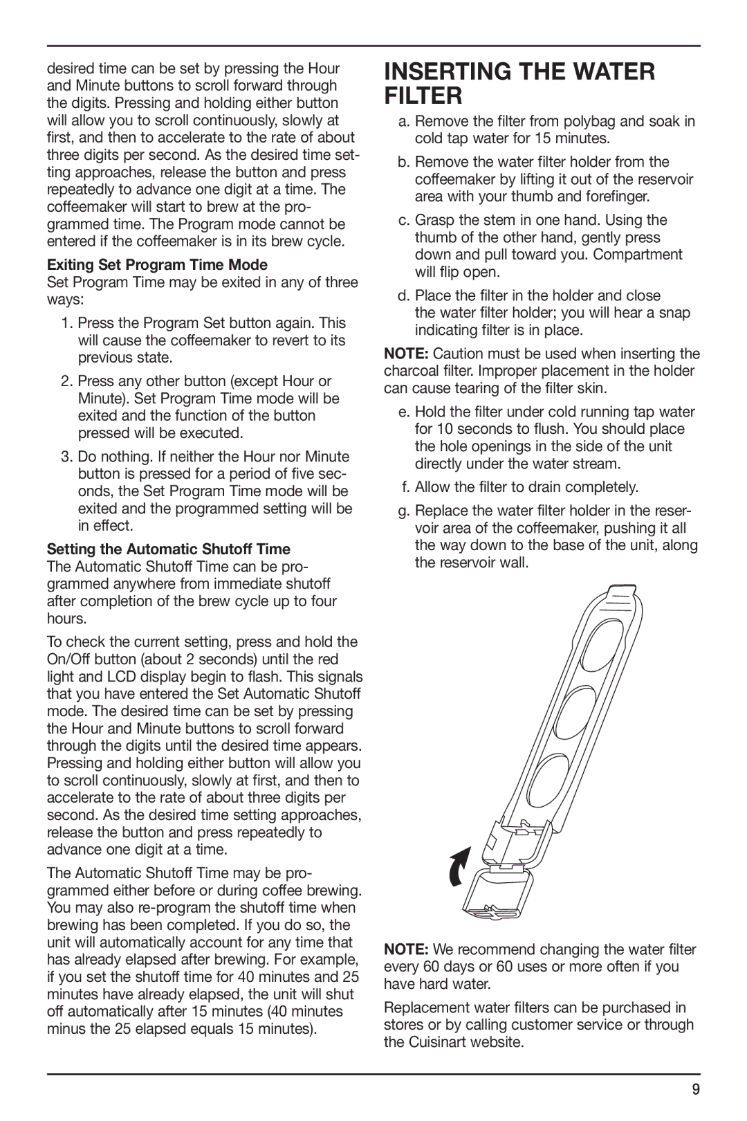 Cuisinart DGB-700BC, 274399 manual Inserting the Water Filter, Exiting Set Program Time Mode 