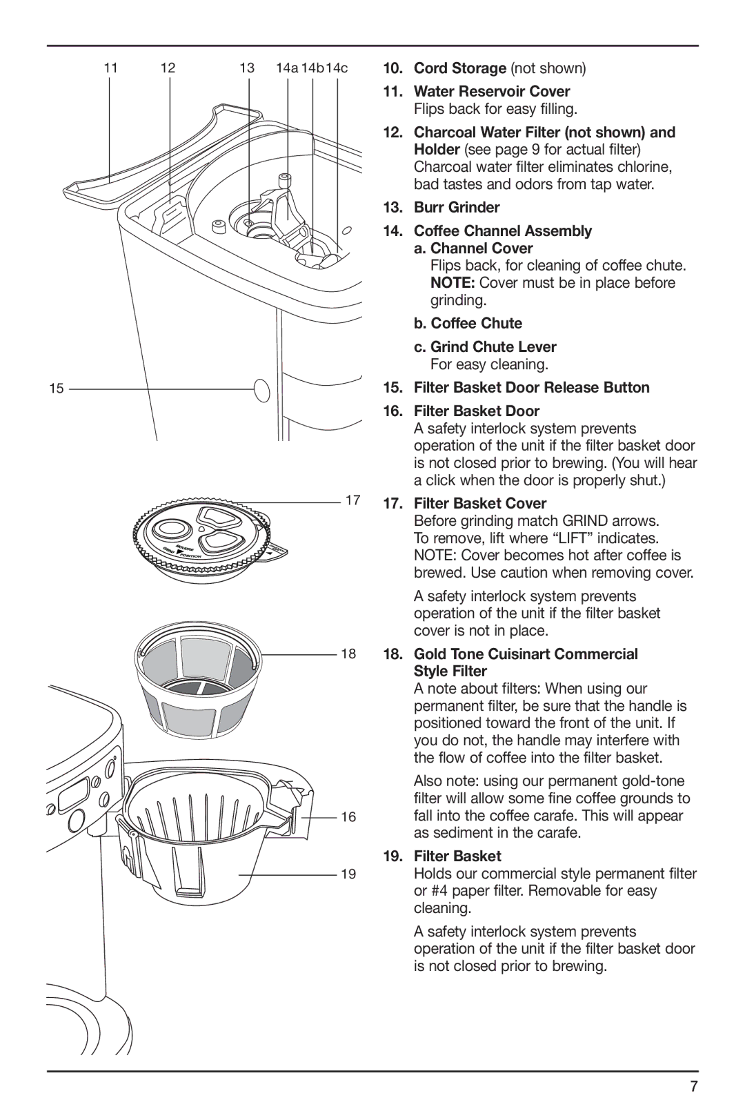 Cuisinart DGB-900 Cord Storage not shown, Water Reservoir Cover, Flips back for easy filling, Burr Grinder, Channel Cover 