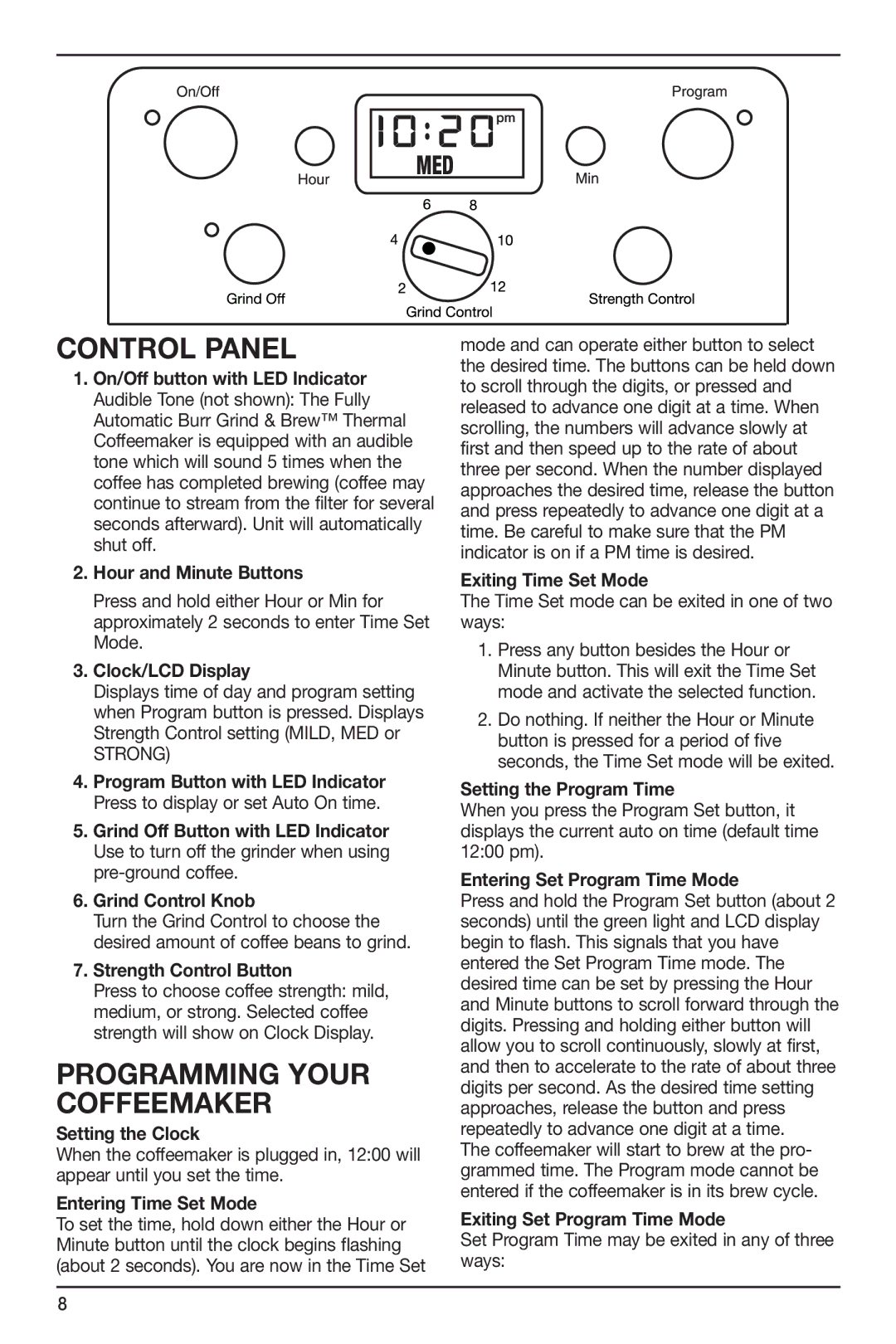 Cuisinart DGB-900BC manual Control Panel, Programming Your, Coffeemaker 