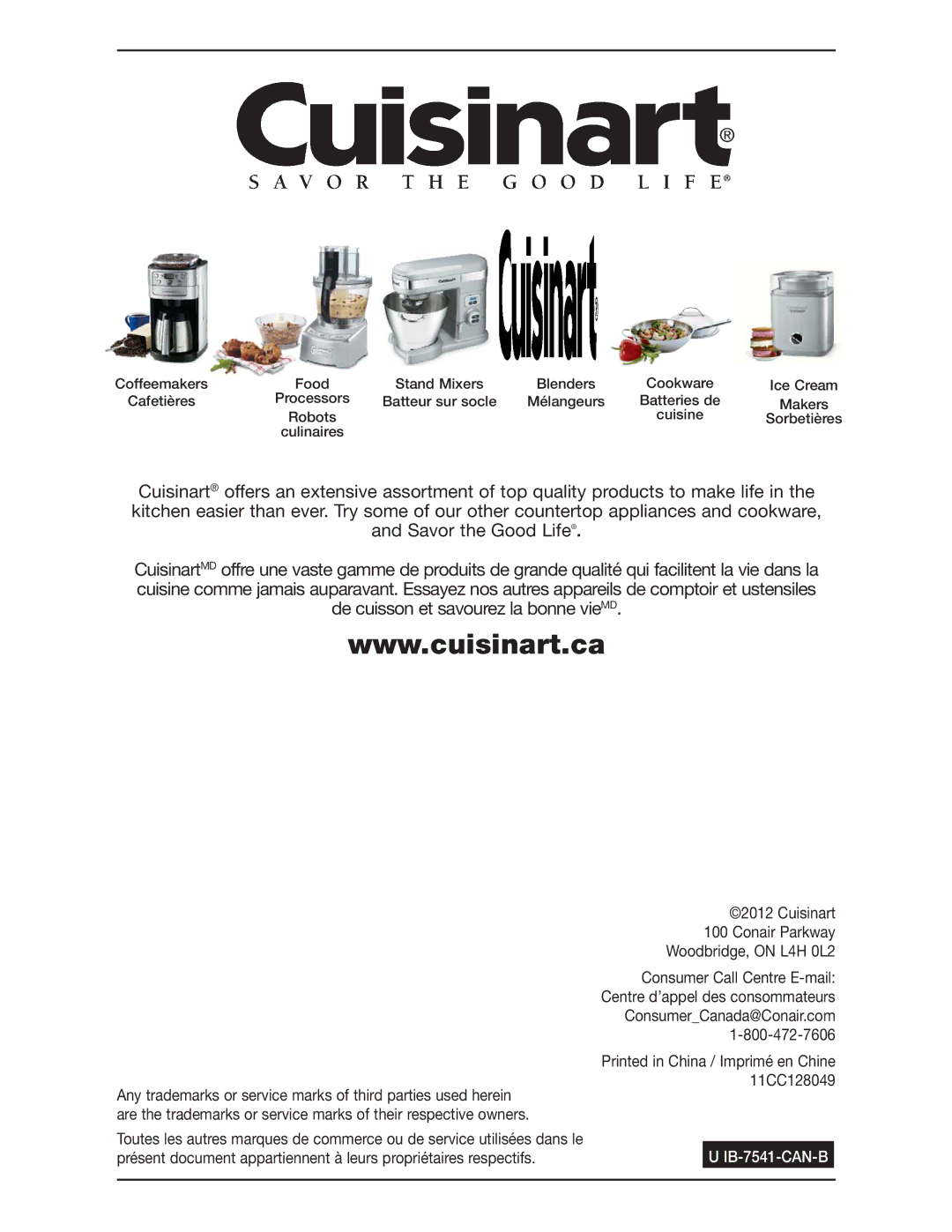 Cuisinart DGB-900BCC manual IB-7541-CAN-B 