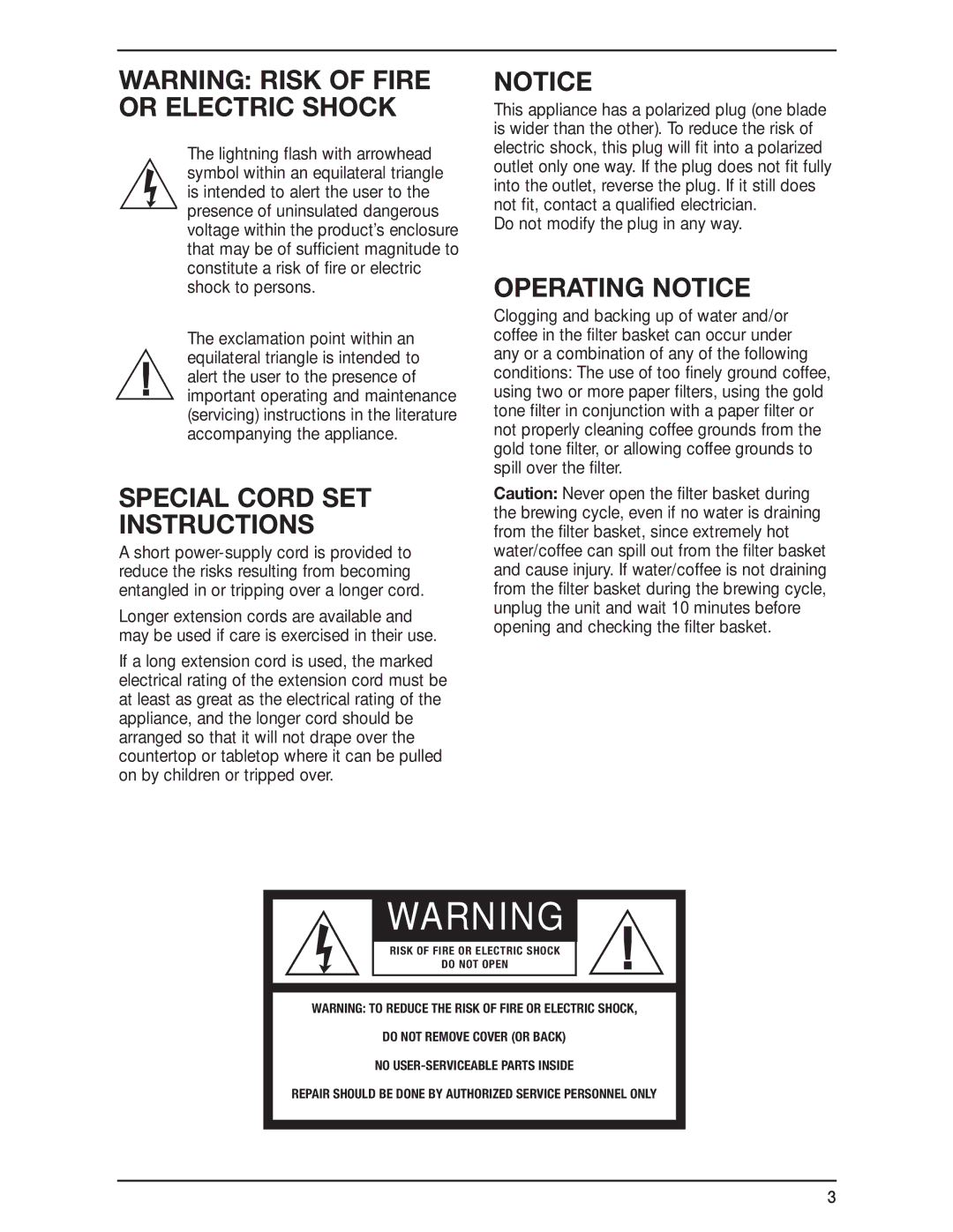 Cuisinart DGB-900BCC manual Special Cord SET Instructions, Operating Notice 