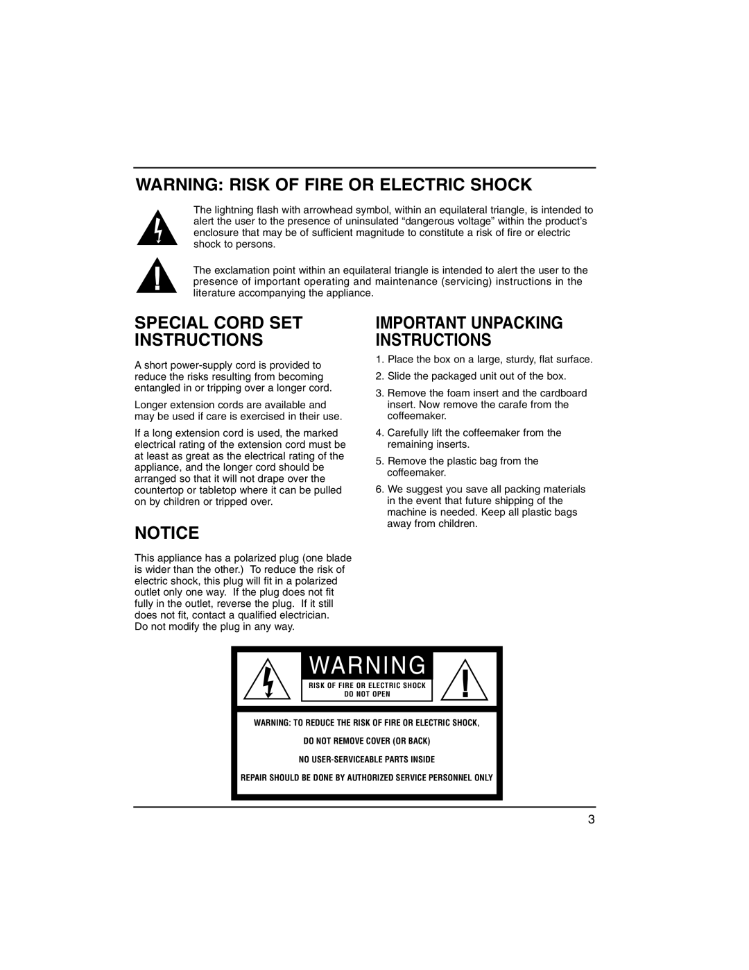 Cuisinart dgb300 manual Special Cord SET Instructions, Important Unpacking Instructions 