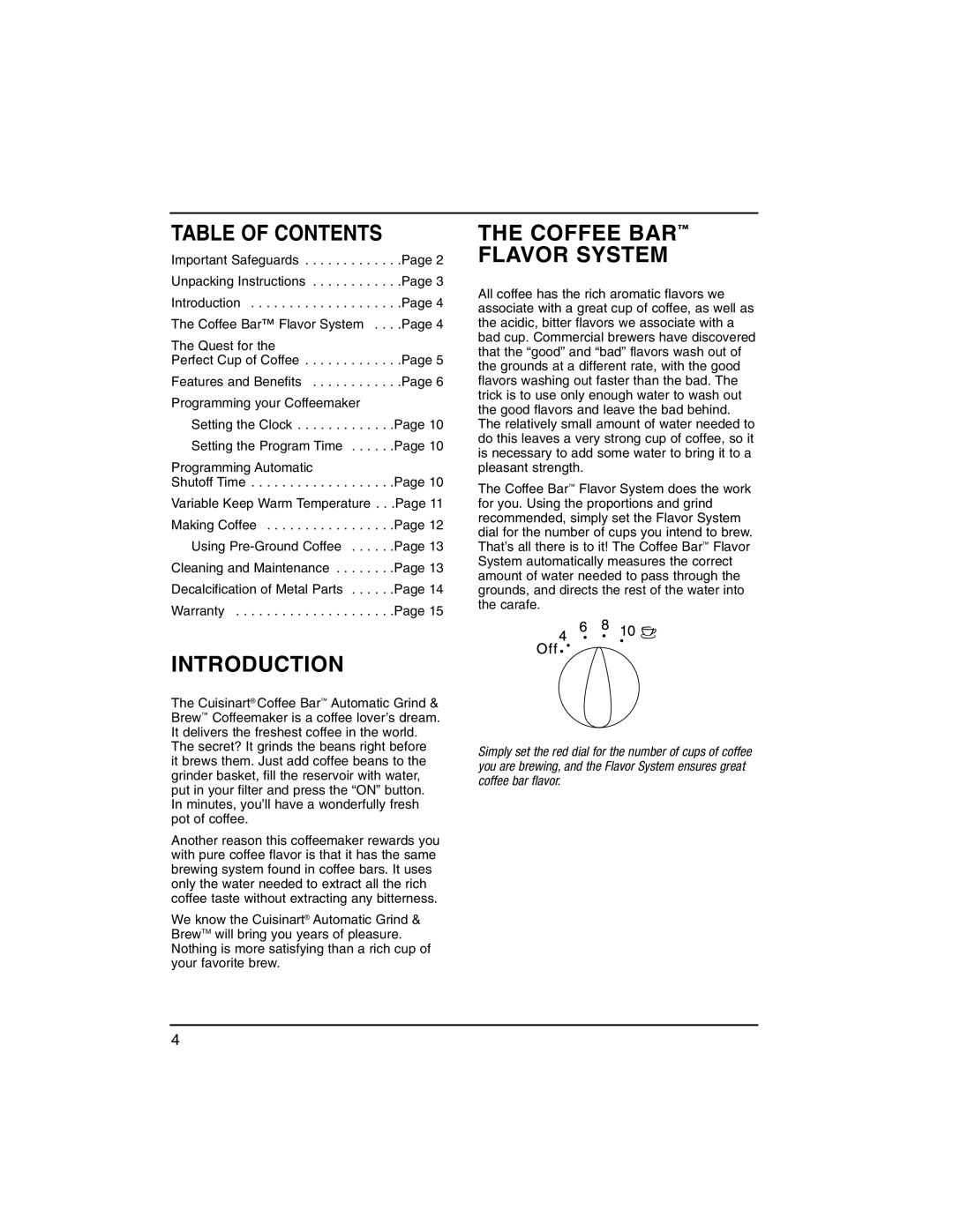 Cuisinart dgb300 manual Table of Contents, Coffee BAR Flavor System, Introduction 