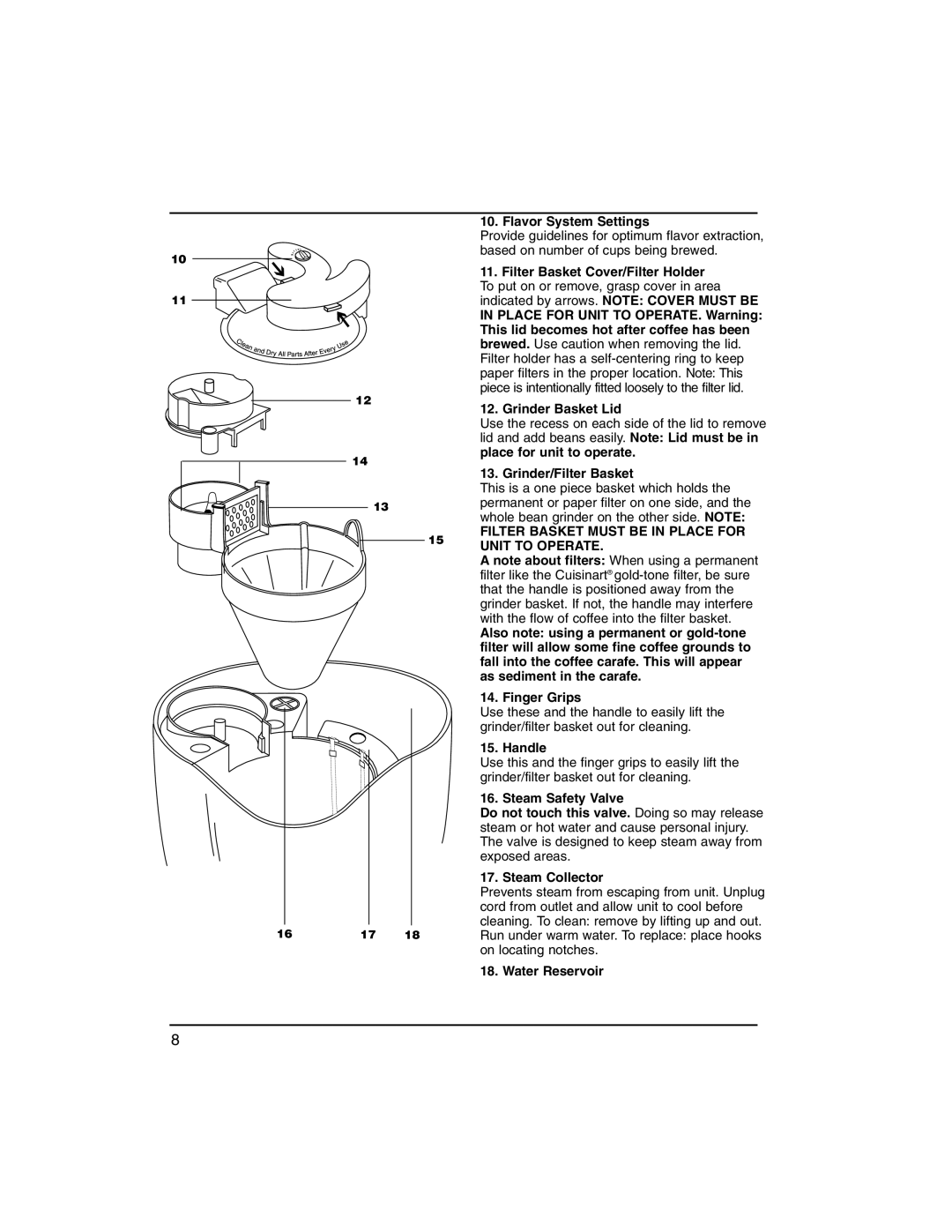 Cuisinart dgb300 manual Flavor System Settings, Grinder/Filter Basket, Handle, Water Reservoir 